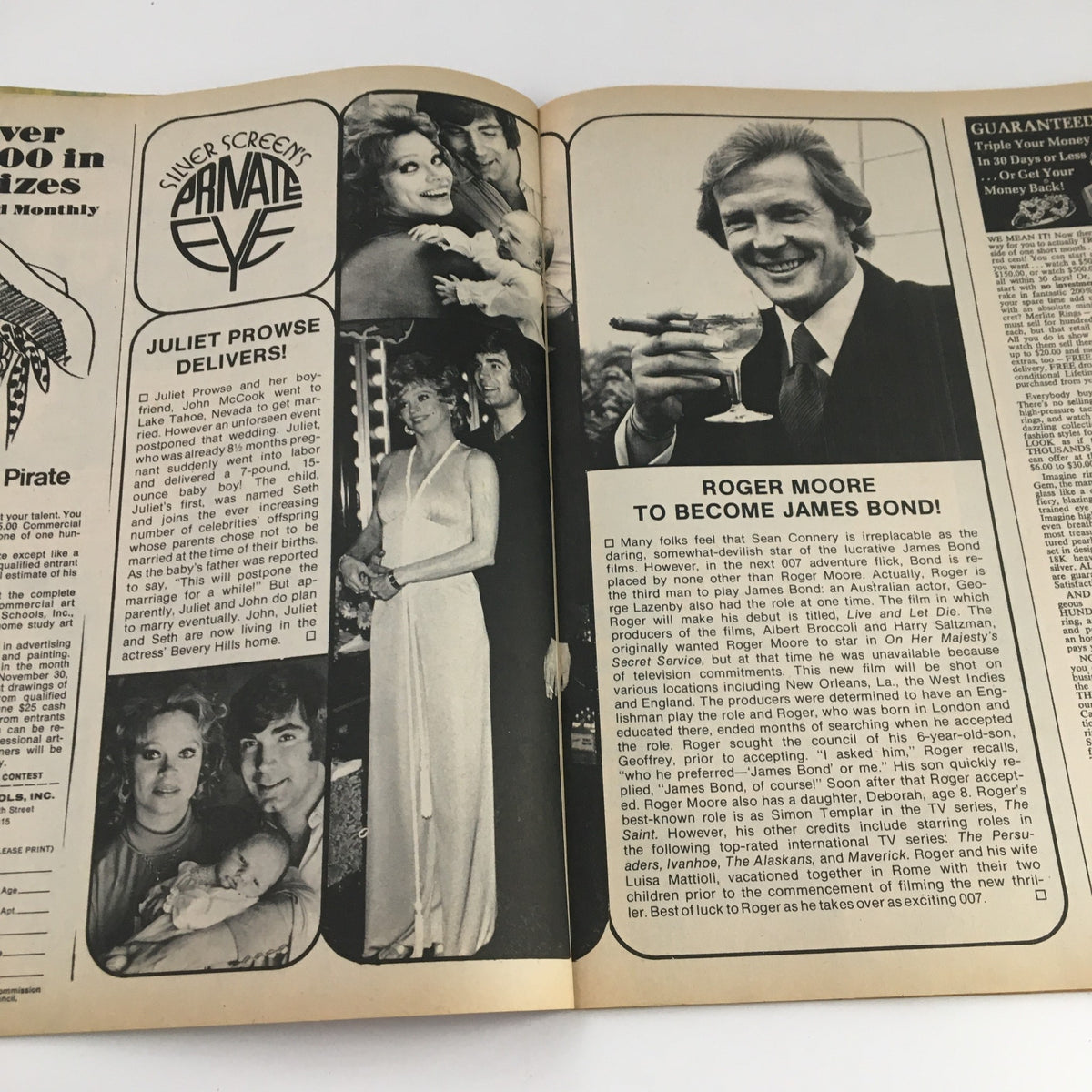 Page showcasing an article in Silver Screen Magazine November 1972 discussing Roger Moore becoming James Bond, complete with relevant images.