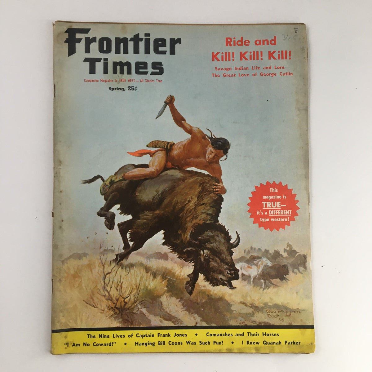 Frontier Times Magazine Spring 1960 cover featuring the title 'The Nine Lives of Captain Frank Jones' with an illustration of a Native American on a bison.