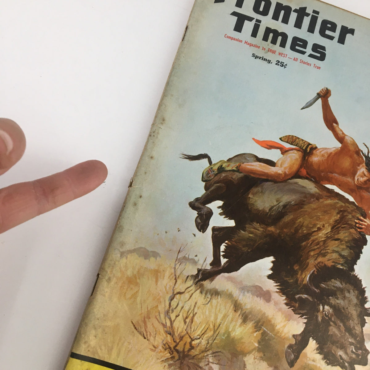 Close-up of the Frontier Times Magazine Spring 1960 cover showing 'The Nine Lives of Captain Frank Jones' and a striking illustration of a Native American figure.