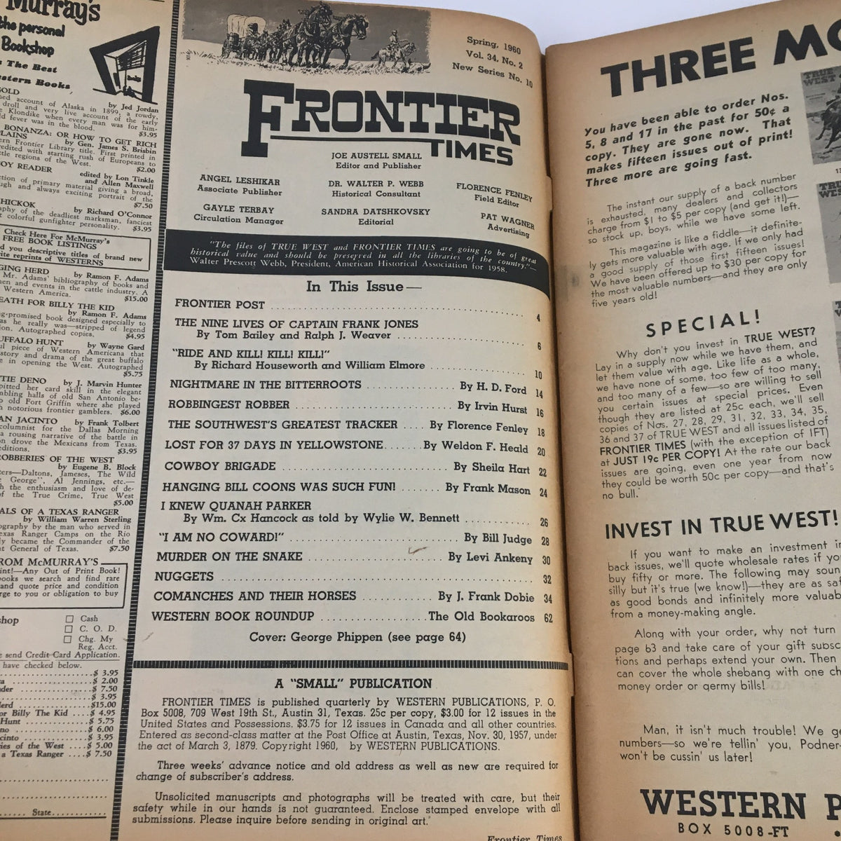 Interior page of Frontier Times Magazine Spring 1960 displaying the table of contents with featured articles including 'The Nine Lives of Captain Frank Jones'.