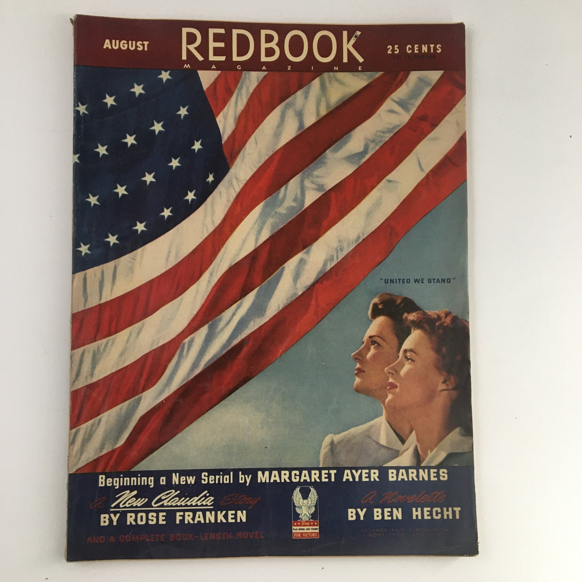 VTG Redbook Magazine August 1942 featuring the United We Stand cover, showcasing a patriotic theme with an American flag and two women in profile, symbolizing unity during World War II.