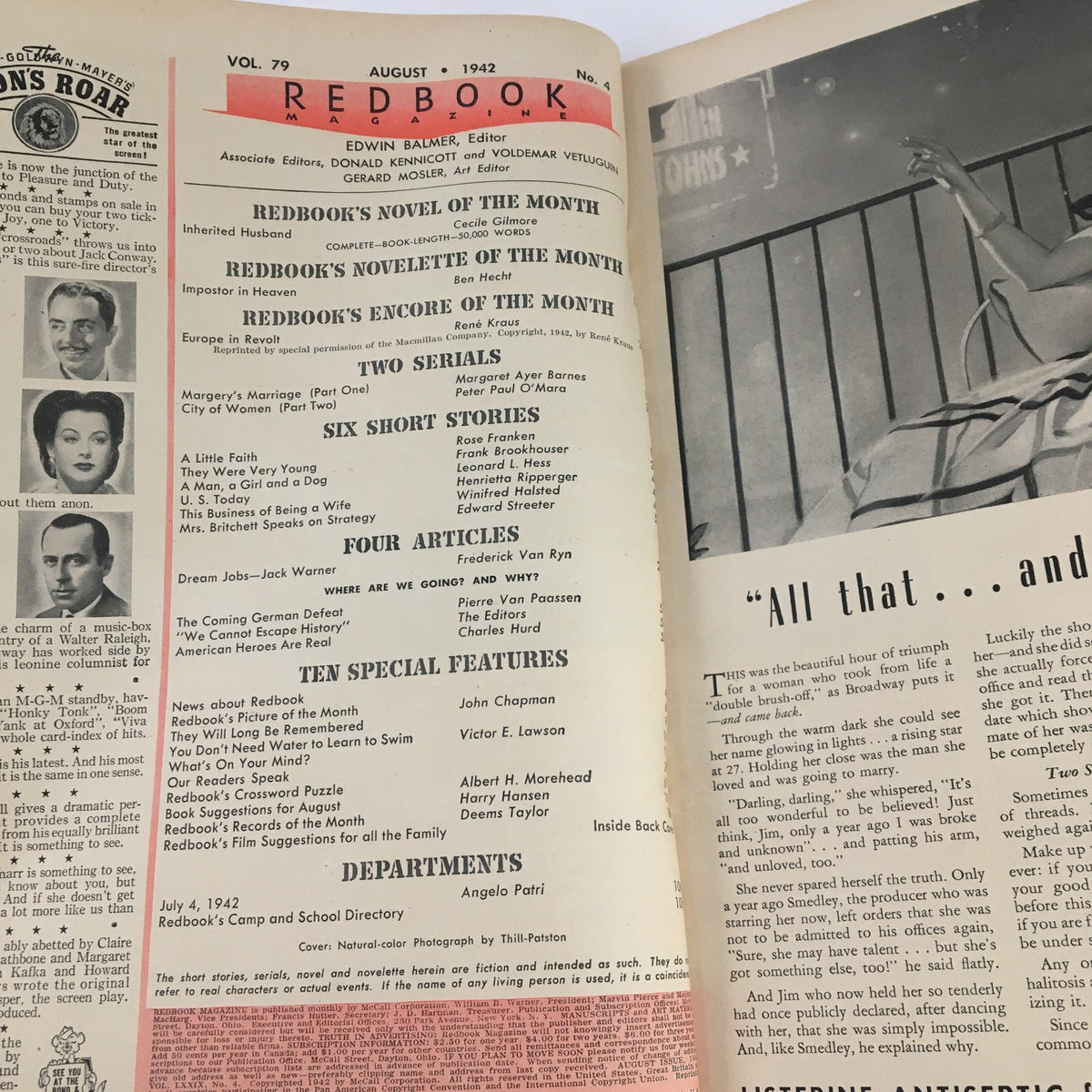 Interior page of the VTG Redbook Magazine August 1942, featuring the table of contents and editor's notes, capturing the essence of vintage publications during World War II.