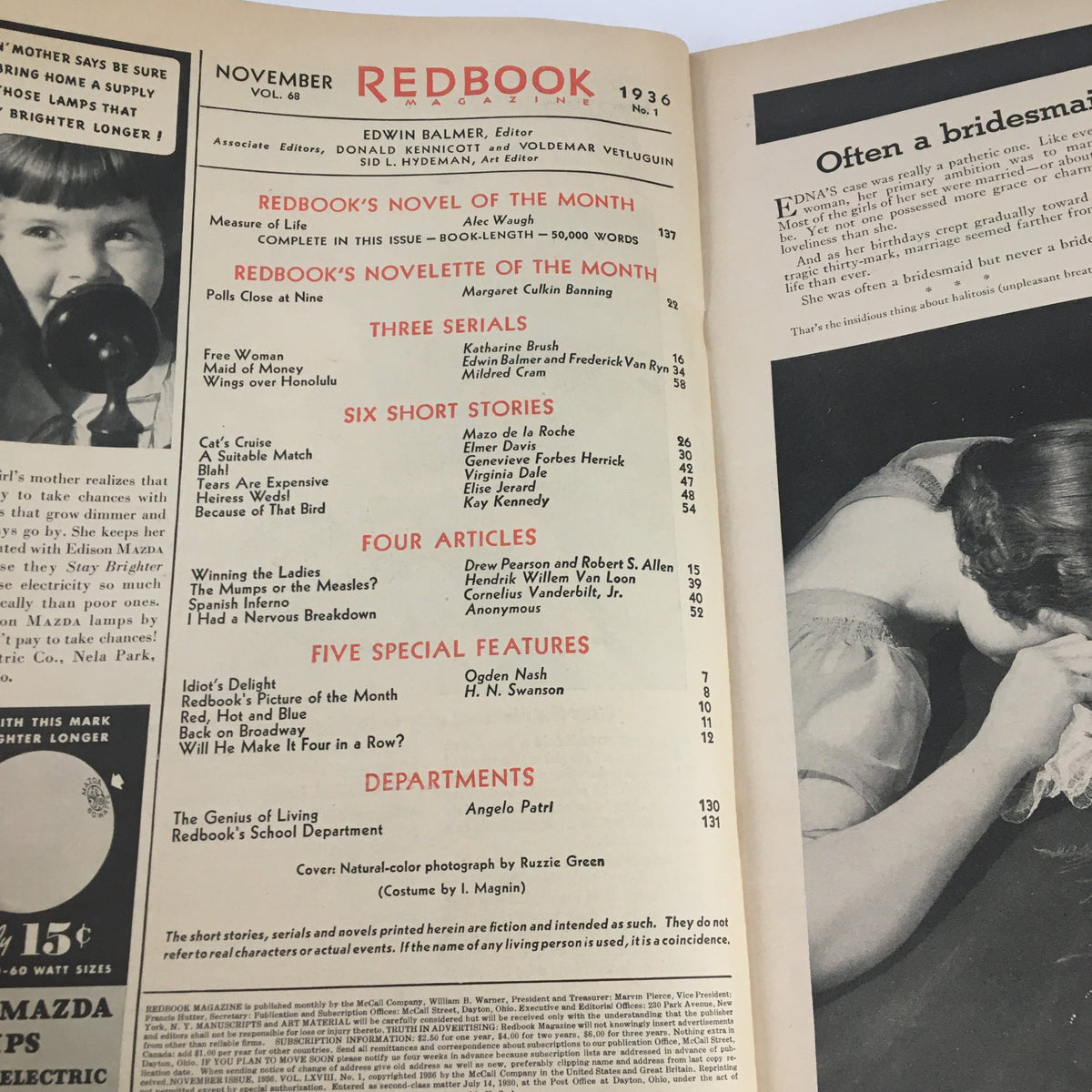 Interior page of the VTG Redbook Magazine November 1936 displaying the table of contents and featuring various articles, showcasing the magazine's historical context.