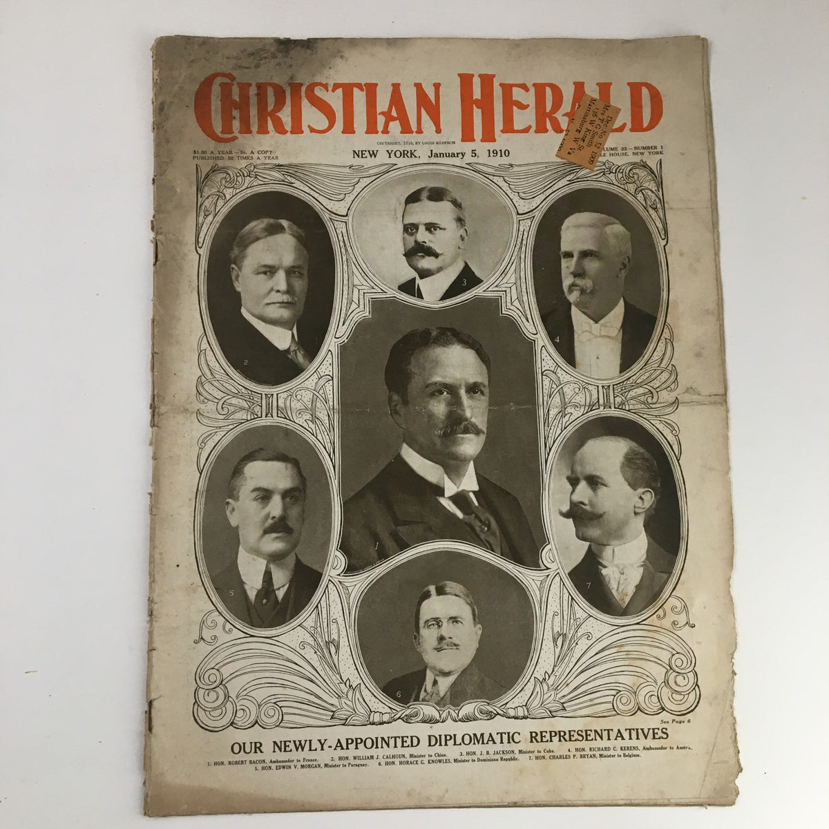 Cover of Christian Herald Magazine January 5 1910 featuring appointed diplomatic representatives with portraits of notable men from that era.