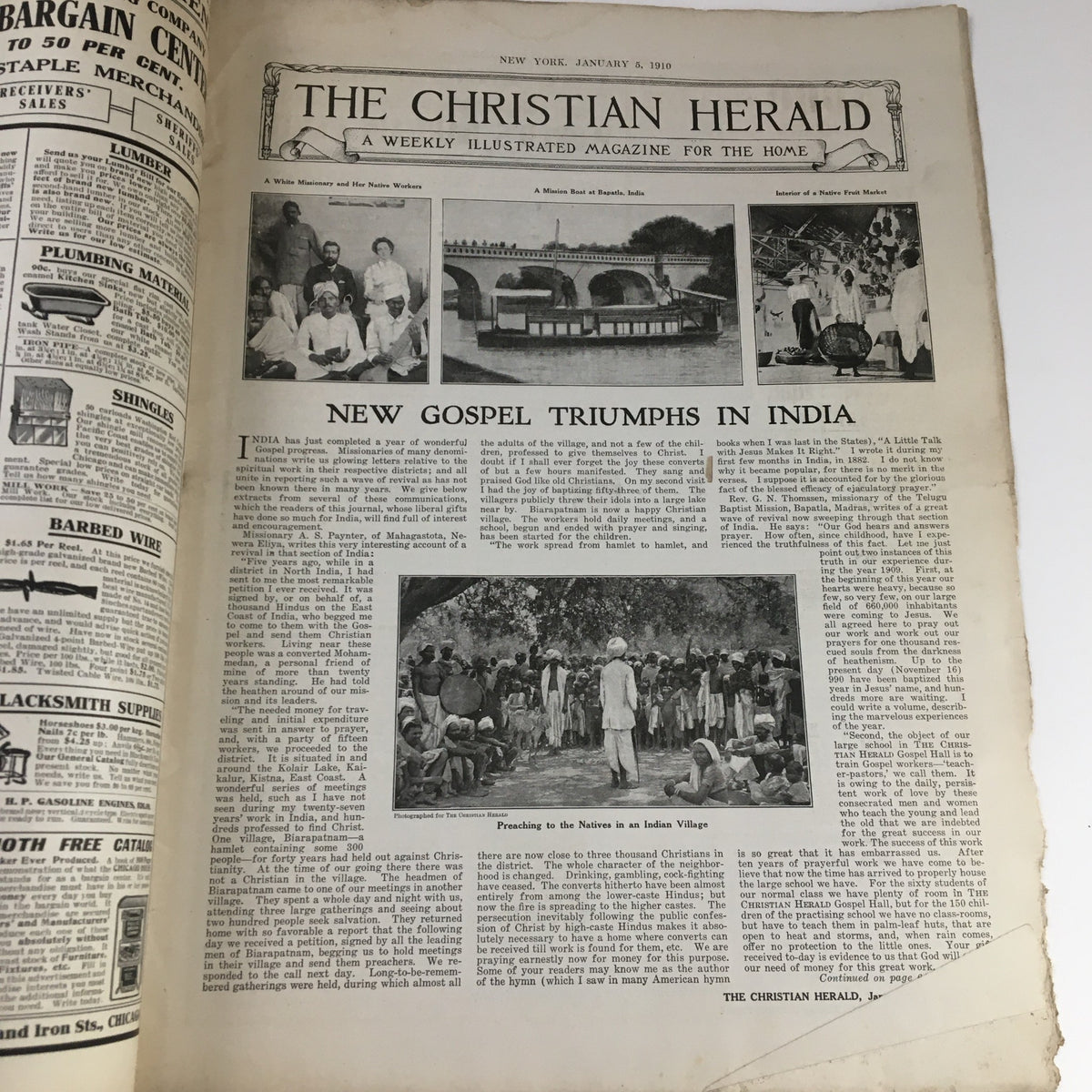 Front page of Christian Herald Magazine January 5 1910 highlighting new gospel triumphs in India with engaging images.