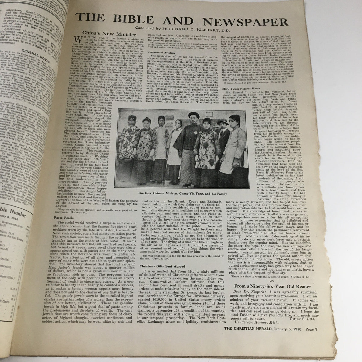 Article page from Christian Herald Magazine January 5 1910 discussing China's new minister with accompanying photographs.