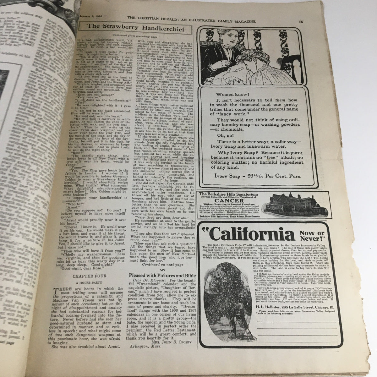 Feature page from Christian Herald Magazine January 5 1910 discussing various topics including the Strawberry Handkerchief.