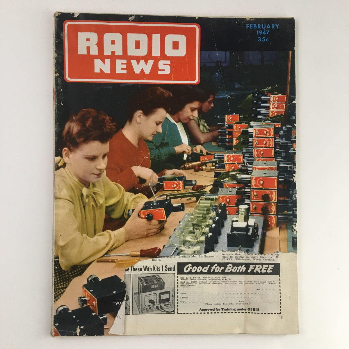 VTG Radio News Magazine February 1947 cover featuring women working with radios at a table, showcasing the retailing basics of the era.