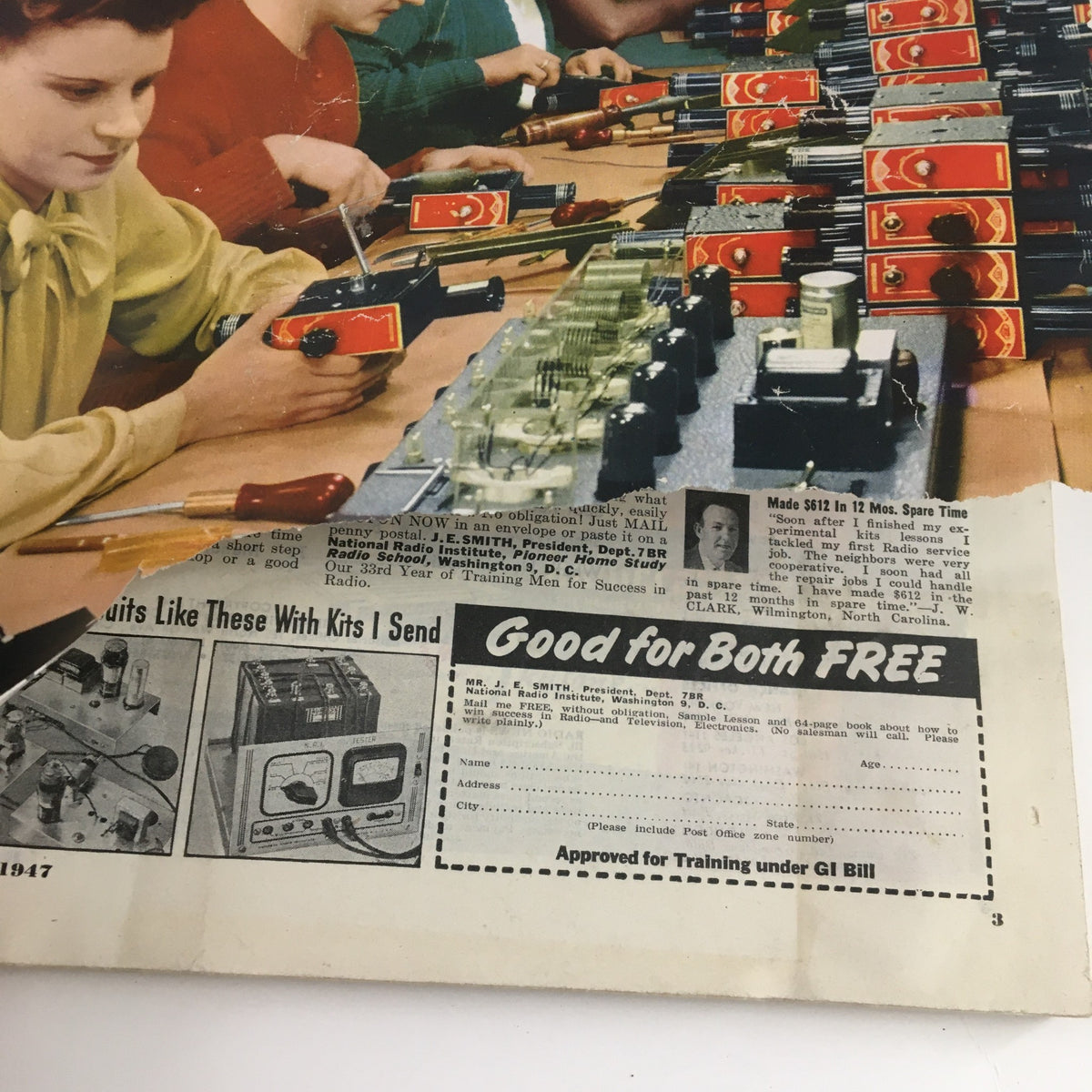 Inside page of VTG Radio News Magazine February 1947 highlighting women assembling radios, with an advertisement for radio kits and training offers.