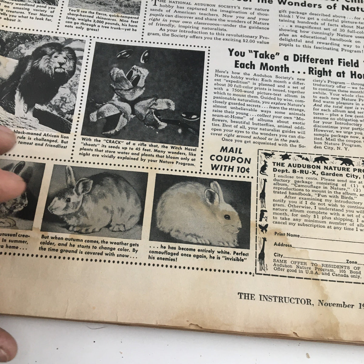 Detailed view of The Instructor Magazine November 1958 showing images of animals including rabbits, along with advertisement for the Audubon Nature Program. The Horseman by Eugene Delacroix enhances the vintage aesthetic.