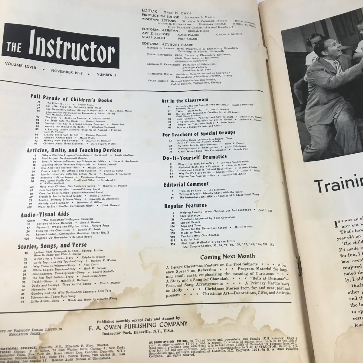 Inside layout of The Instructor Magazine November 1958, listing articles, educational features, and contributions, highlighting The Horseman by Eugene Delacroix as part of the equestrian-themed content.