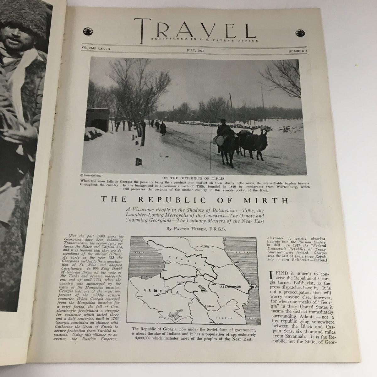 Interior page of VTG Travel Magazine July 1921 titled 'The Republic of Mirth' with images depicting travel and culture.