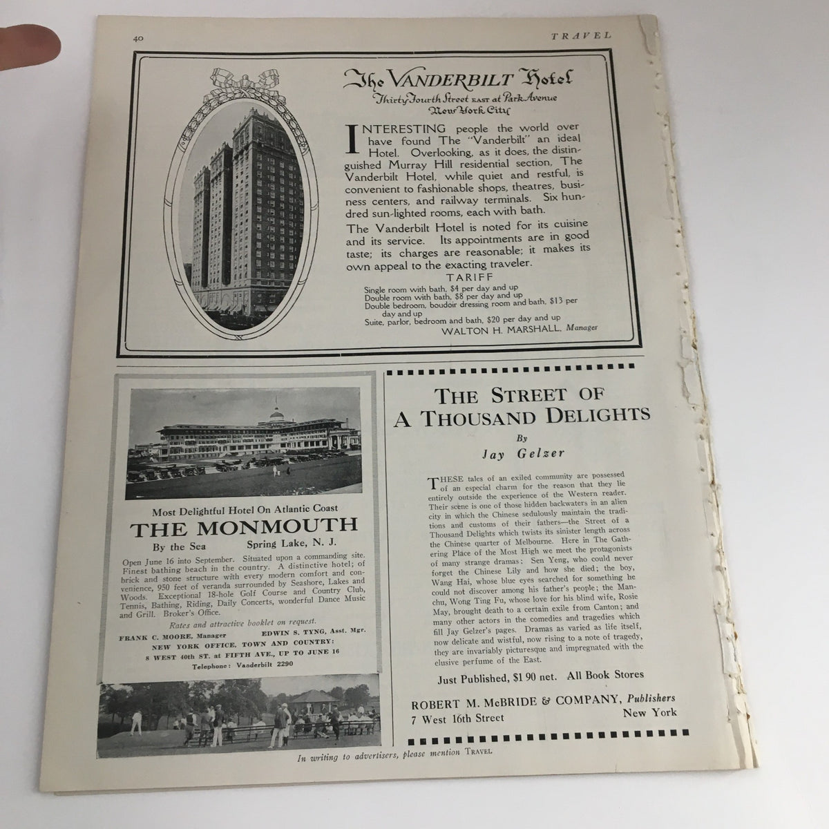 Advertised page from VTG Travel Magazine July 1921 showcasing the Vanderbilt Hotel and other listings related to travel.