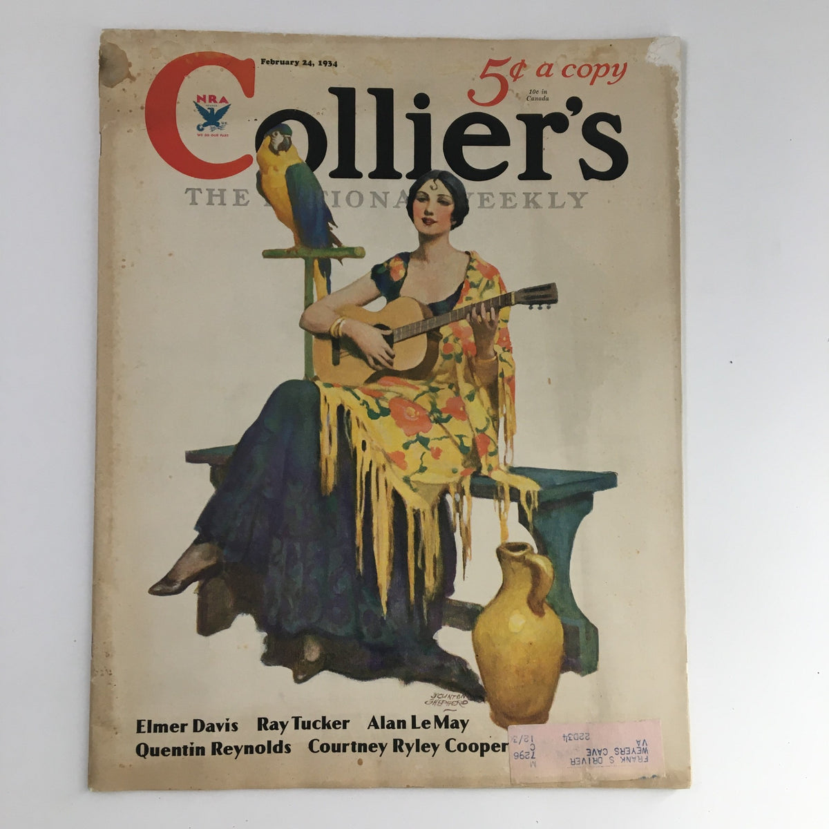 Cover of VTG Collier's Magazine February 24 1934 featuring a woman with a guitar and a parrot. Contributors include Elmer Davis and Courtney Ryley Cooper.