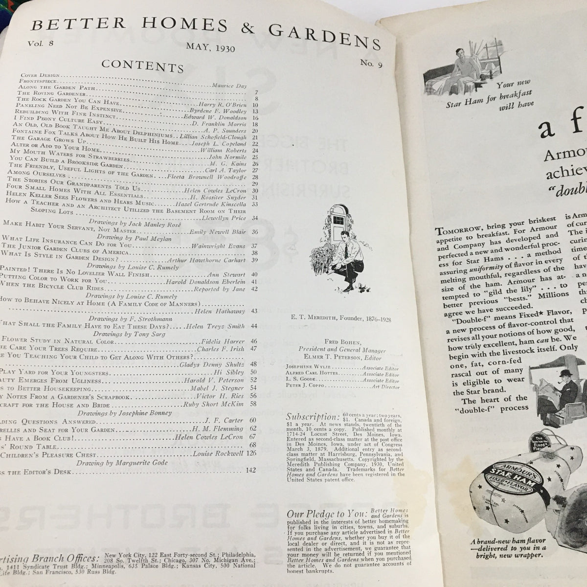 Better Homes & Gardens May 1930 magazine contents page featuring articles on gardening and home decor.