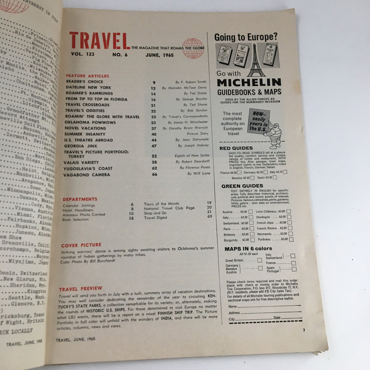 Inside page of Travel Magazine June 1965 displaying the table of contents and article highlights related to travel in Oklahoma and beyond.