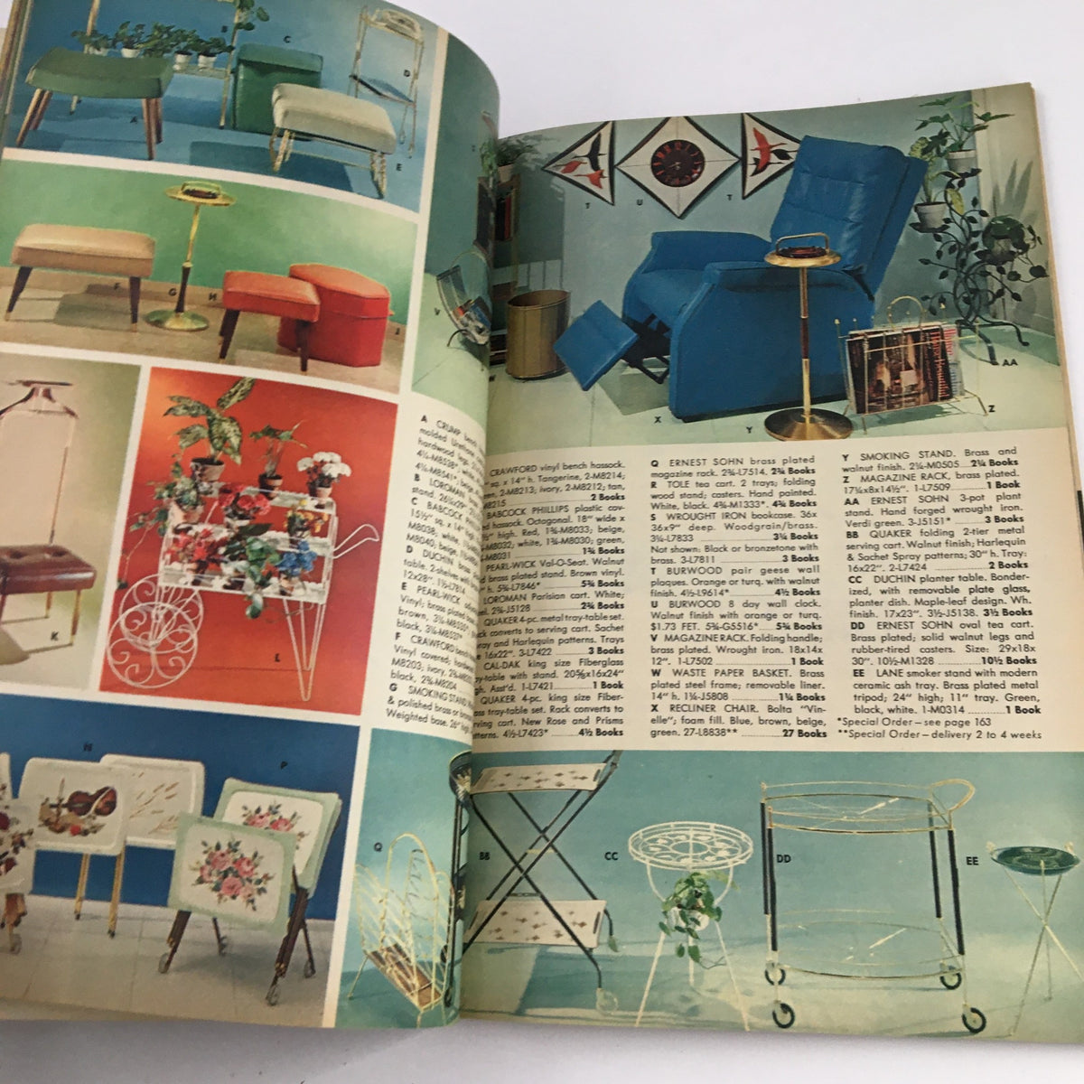 Page from S&H Green Stamps Distinguished Merchandise 1963 illustrating various furniture items and decorative accessories, featuring vibrant colors and mid-century design.