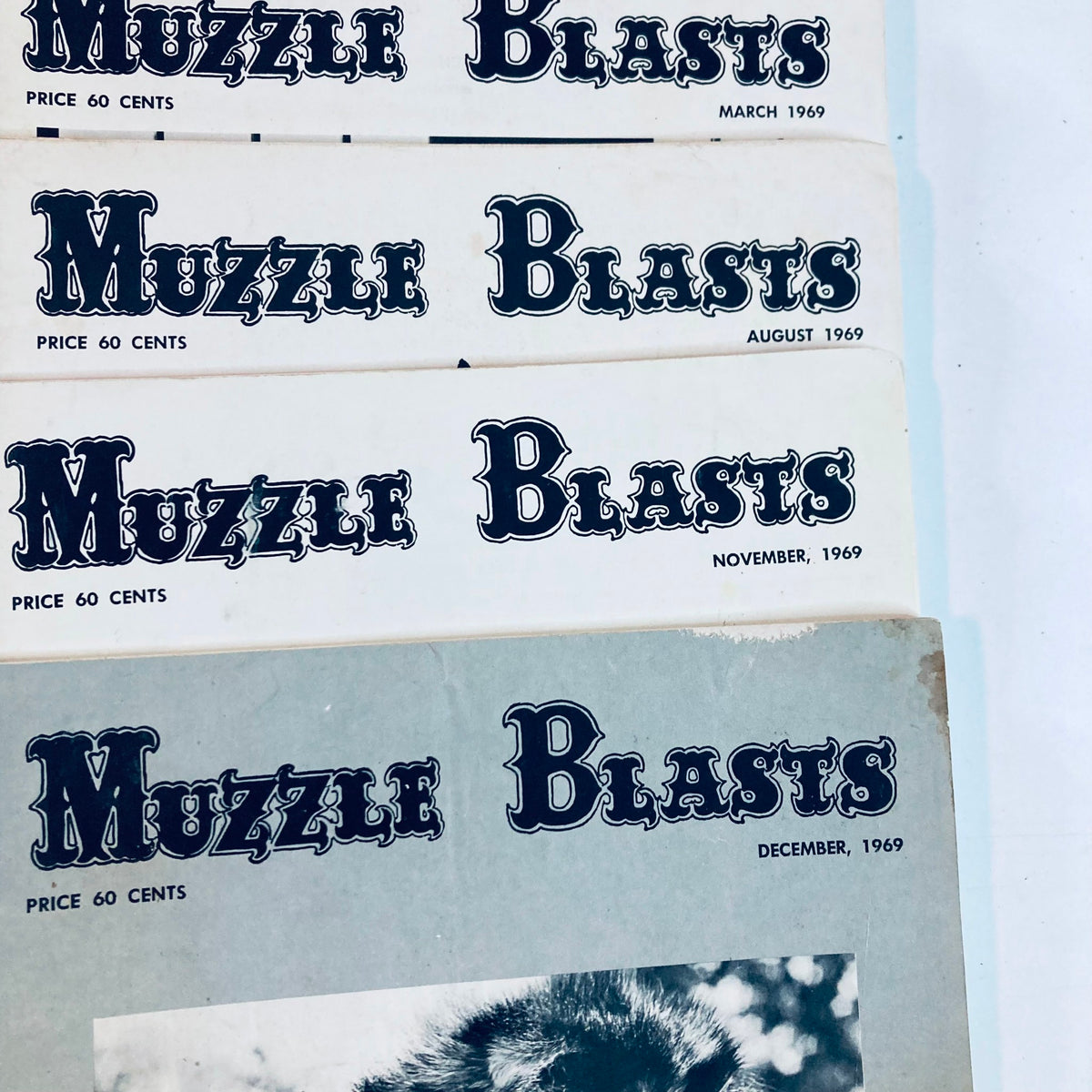 Lot of 21 Muzzle Blasts Magazines illustrating March to December 1969 covers, encompassing diverse articles on living history and craftsmanship.