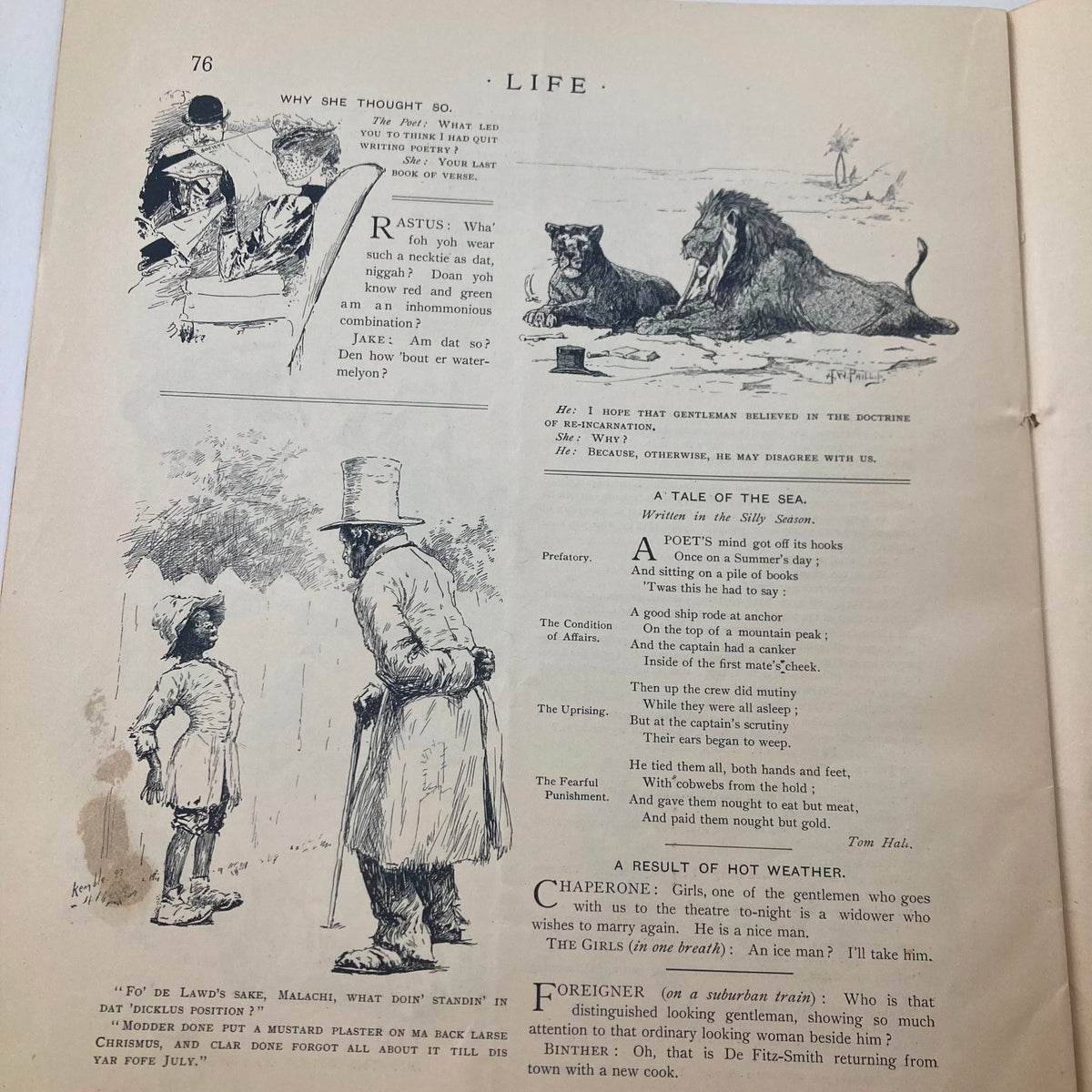VTG Life Magazine August 3 1893 Vol 22 No. 553 showcasing a page with illustrations of animals, a child, and a narrative excerpt, emphasizing the magazine's historical charm.