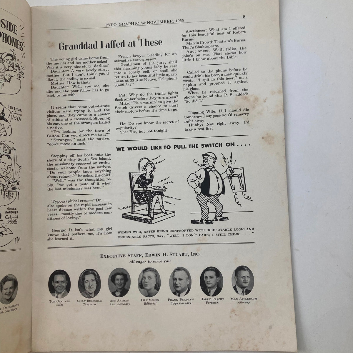 Interior page of the VTG Typo Graphic Magazine from November 1955, showcasing humorous content and illustrations, including the 'Granddad Laffed at These' section.