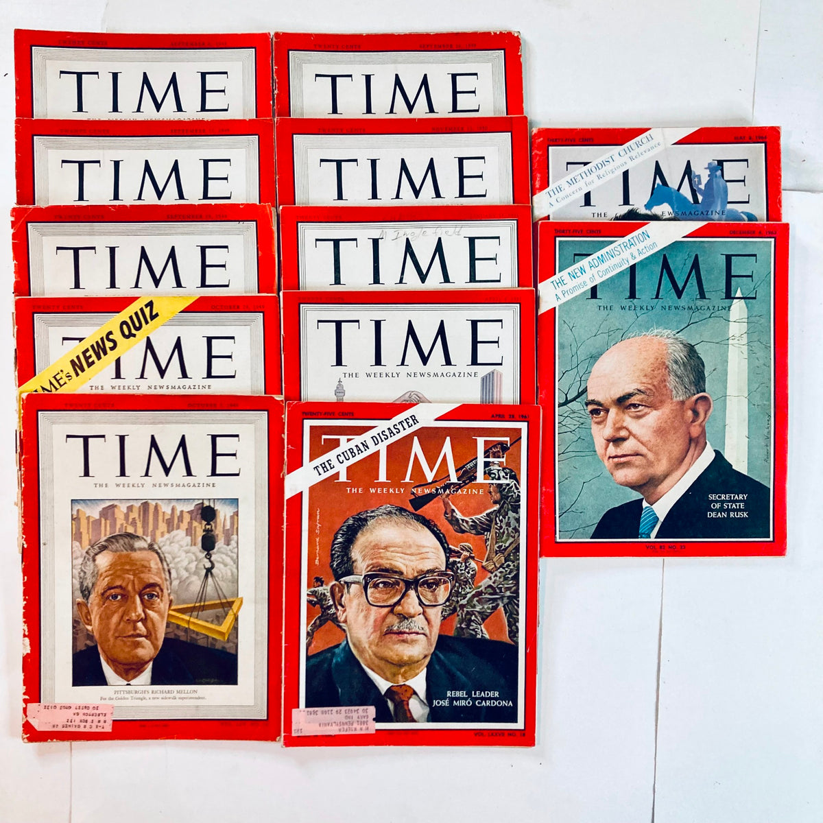 Lot of 12 vintage Time Magazine editions from the 1940s, 1950s, and 1960s showcasing iconic covers and historical figures.