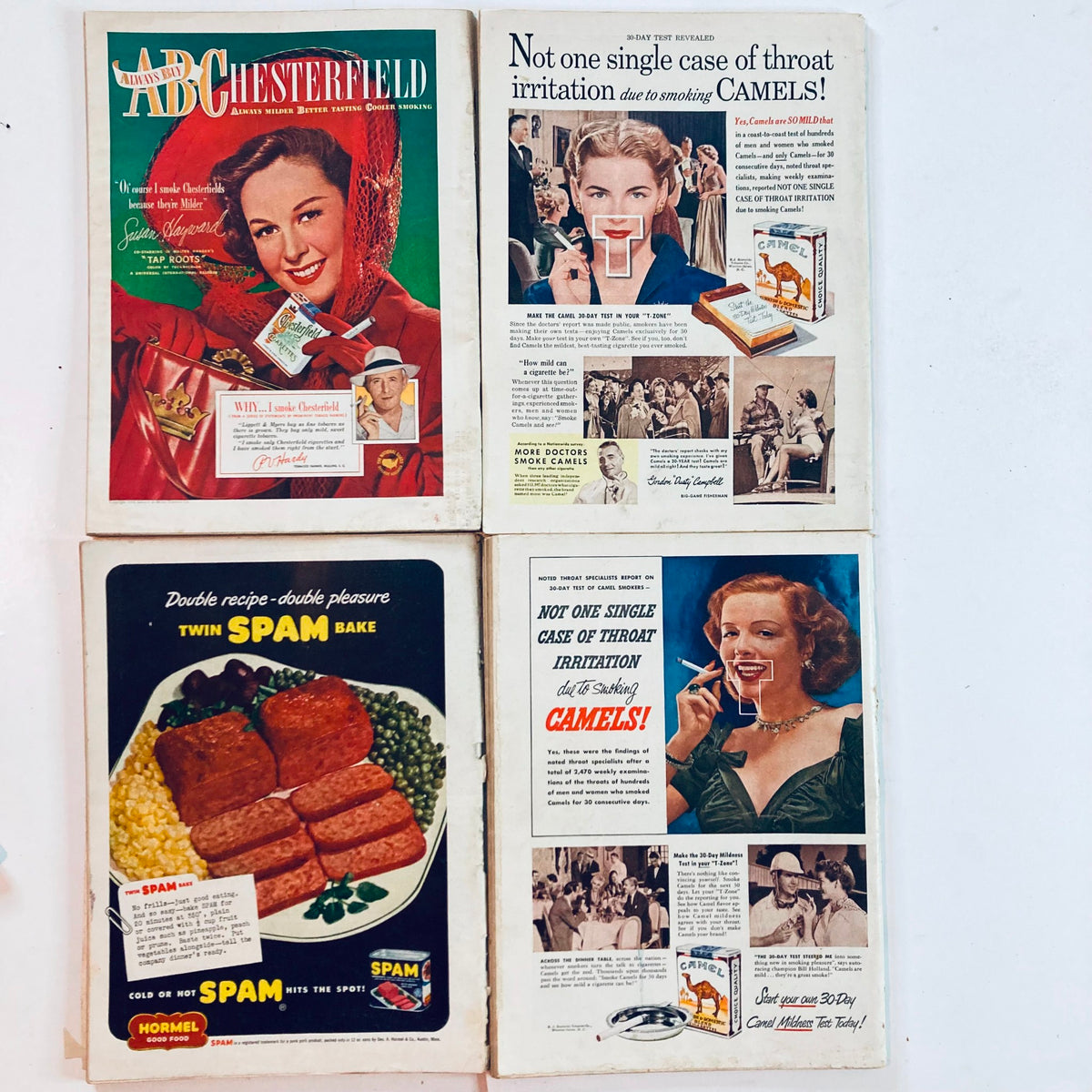 Vintage advertisements from the 1940s including Chesterfield cigarettes and Spam, highlighting mid-20th century marketing.