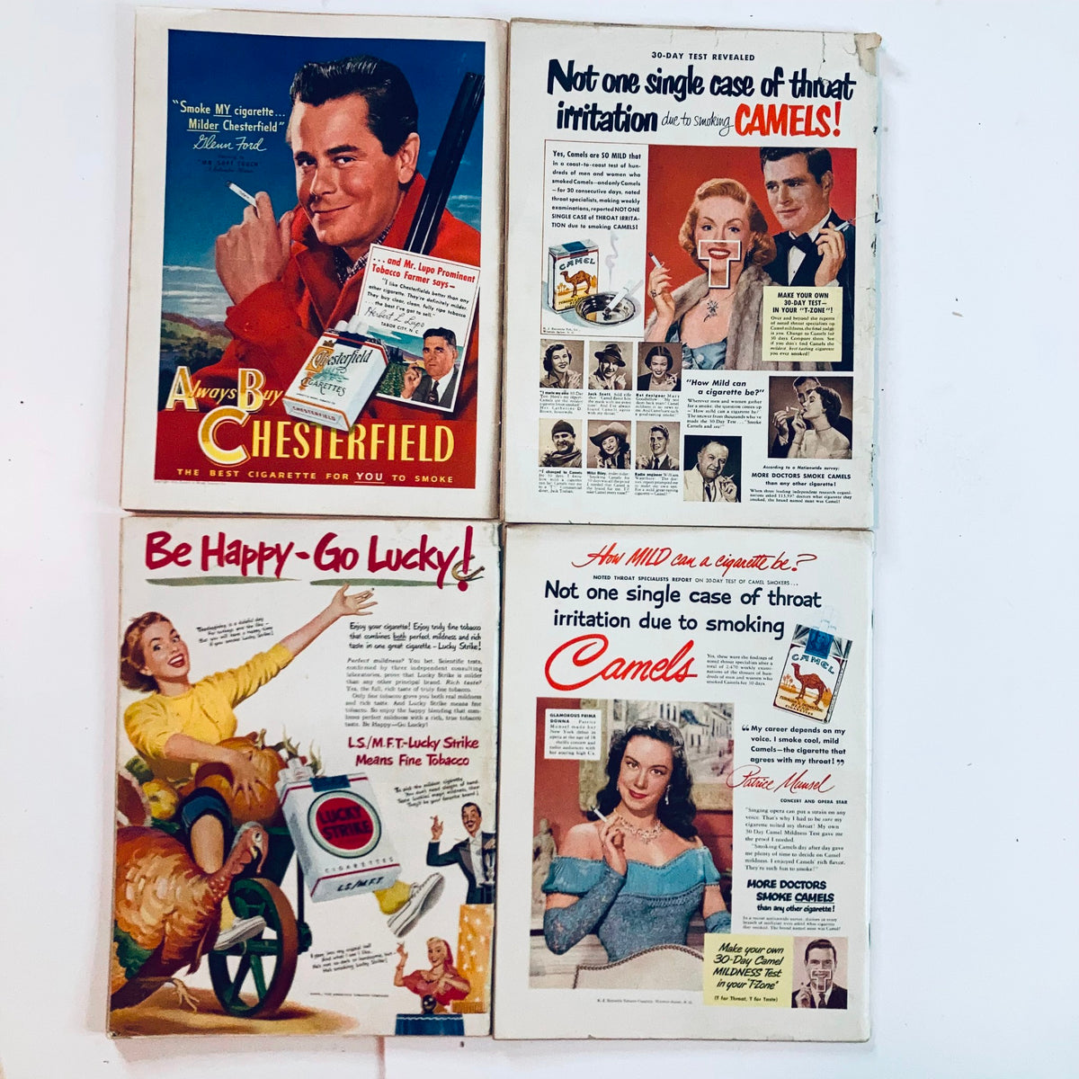More vintage advertisements from the 1940s featuring Chesterfield and Camel cigarettes, reflecting popular consumer culture.