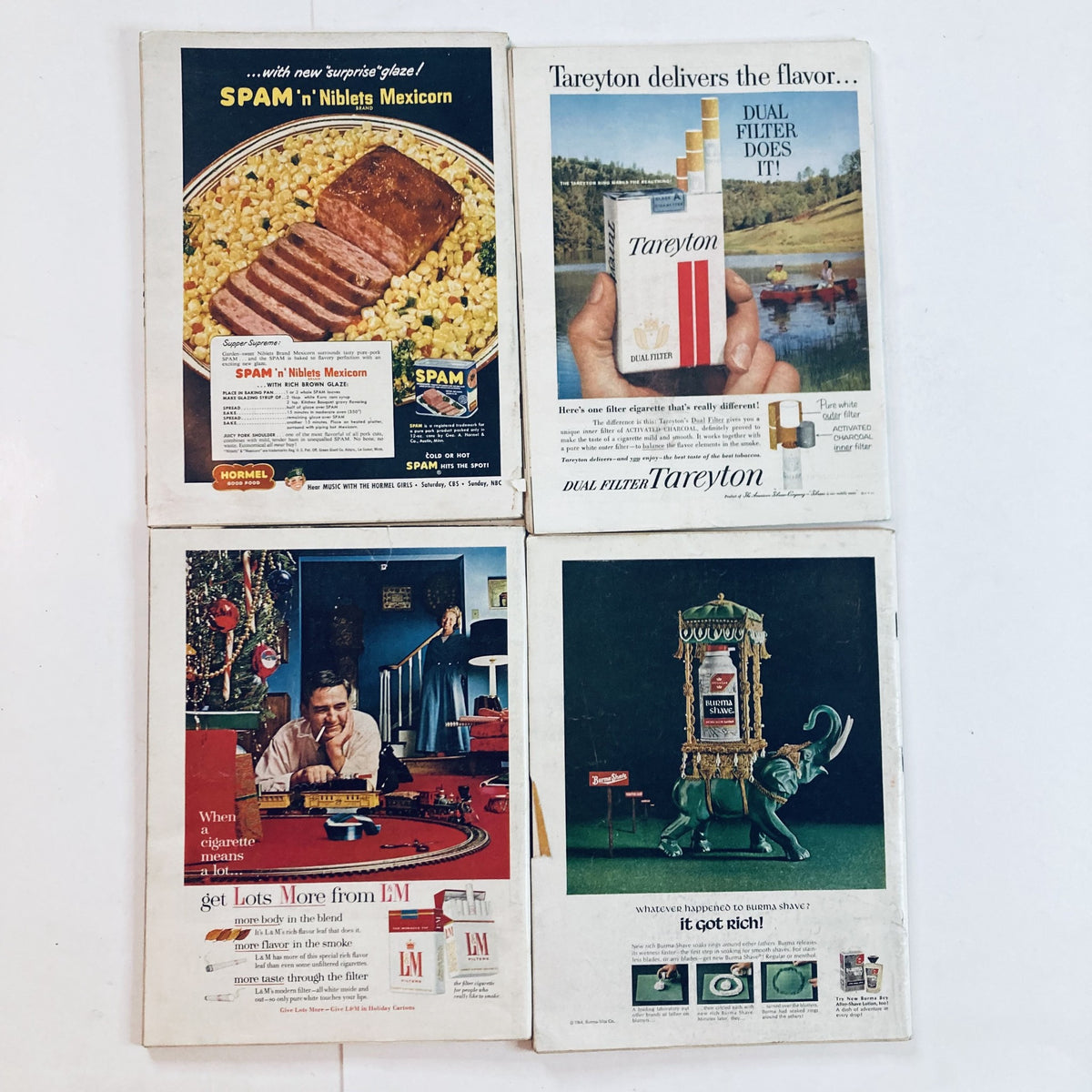 Vintage advertisements featured in a lot of 12 1940s 1950s 1960s Time American News Magazine, showcasing products like Spam and Tareyton cigarettes.