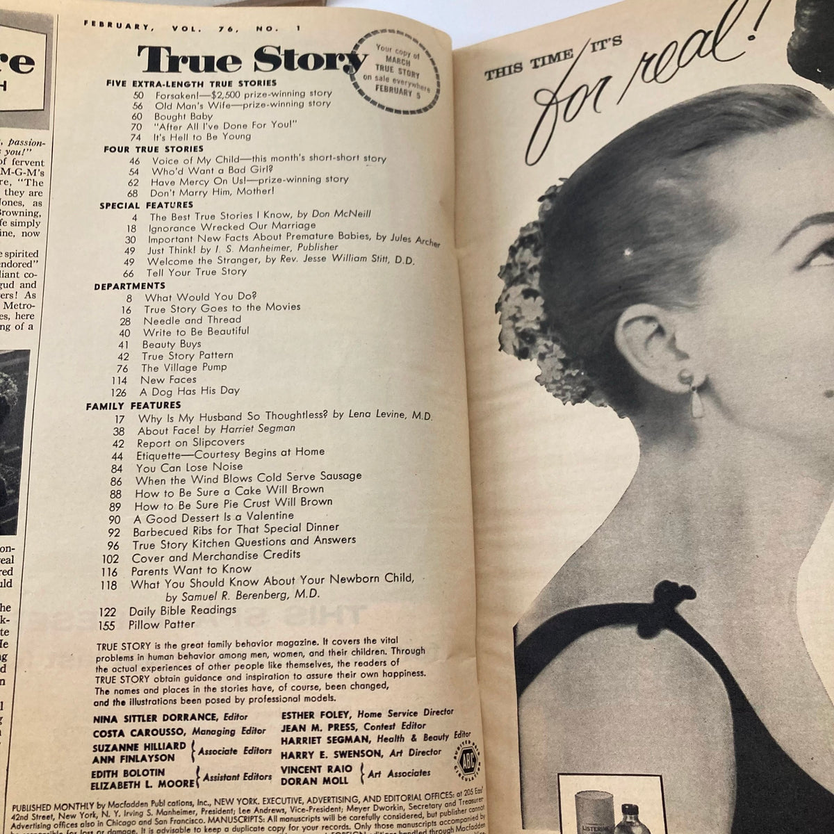 Interior page of True Story Magazine February Vol 76 No. 1, showcasing the table of contents with titles of stories and articles, capturing the vintage aesthetic of mid-20th century magazines.