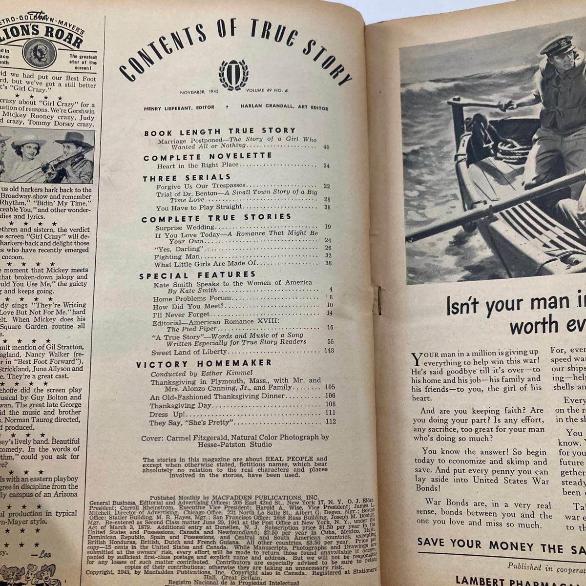 Inside page of VTG True Story Magazine November 1943 showing the table of contents including short stories and features.