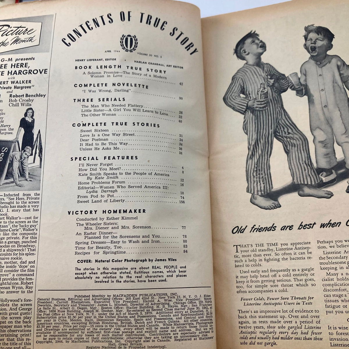VTG True Story Magazine April 1944 Vol 50 No. 3 From Pod to Pot No Label - Interior page showcasing the table of contents, highlighting various featured articles and stories from the magazine.