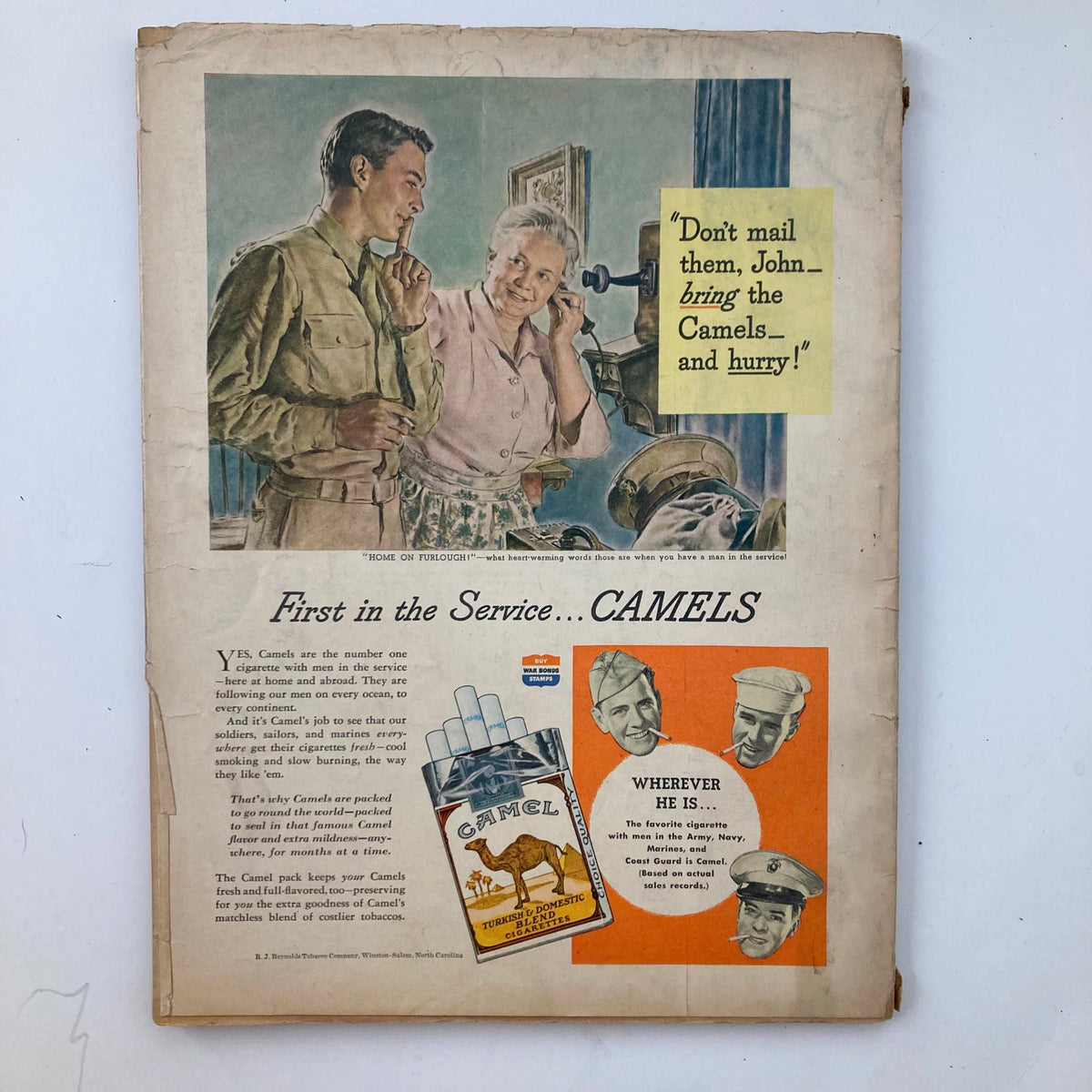 VTG True Story Magazine April 1944 Vol 50 No. 3 From Pod to Pot No Label - Back cover ad featuring a soldier and a woman discussing Camel cigarettes, emphasizing a nostalgic WWII theme.