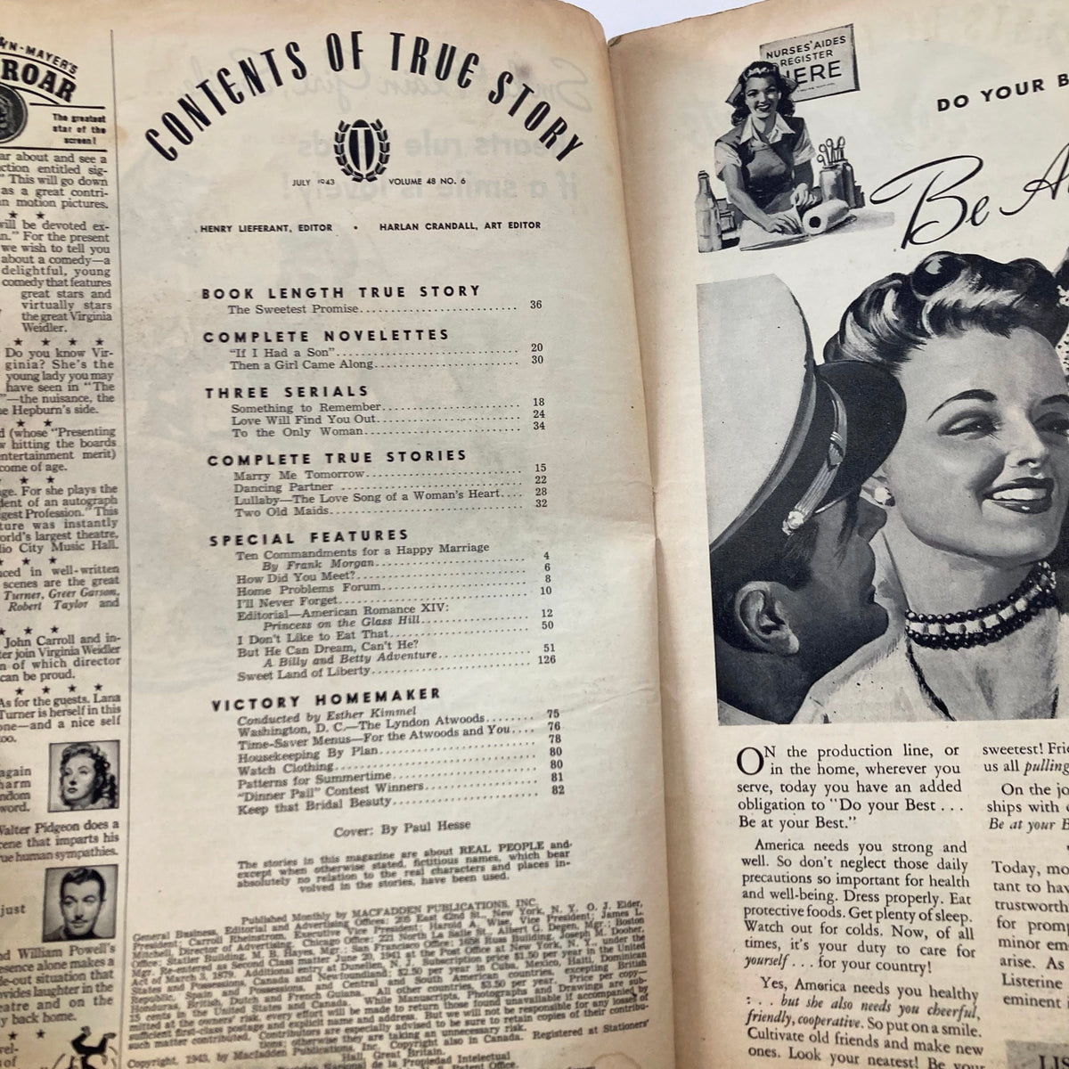 Inside content page of the VTG True Story Magazine July 1943, showcasing the table of contents for novelettes and features.