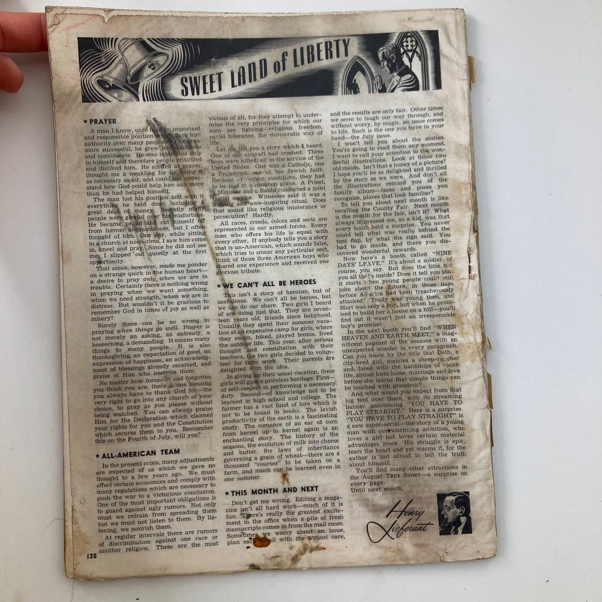 Back cover of the VTG True Story Magazine July 1943, Volume 48, No. 6 displaying articles titled 'Sweet Land of Liberty'.