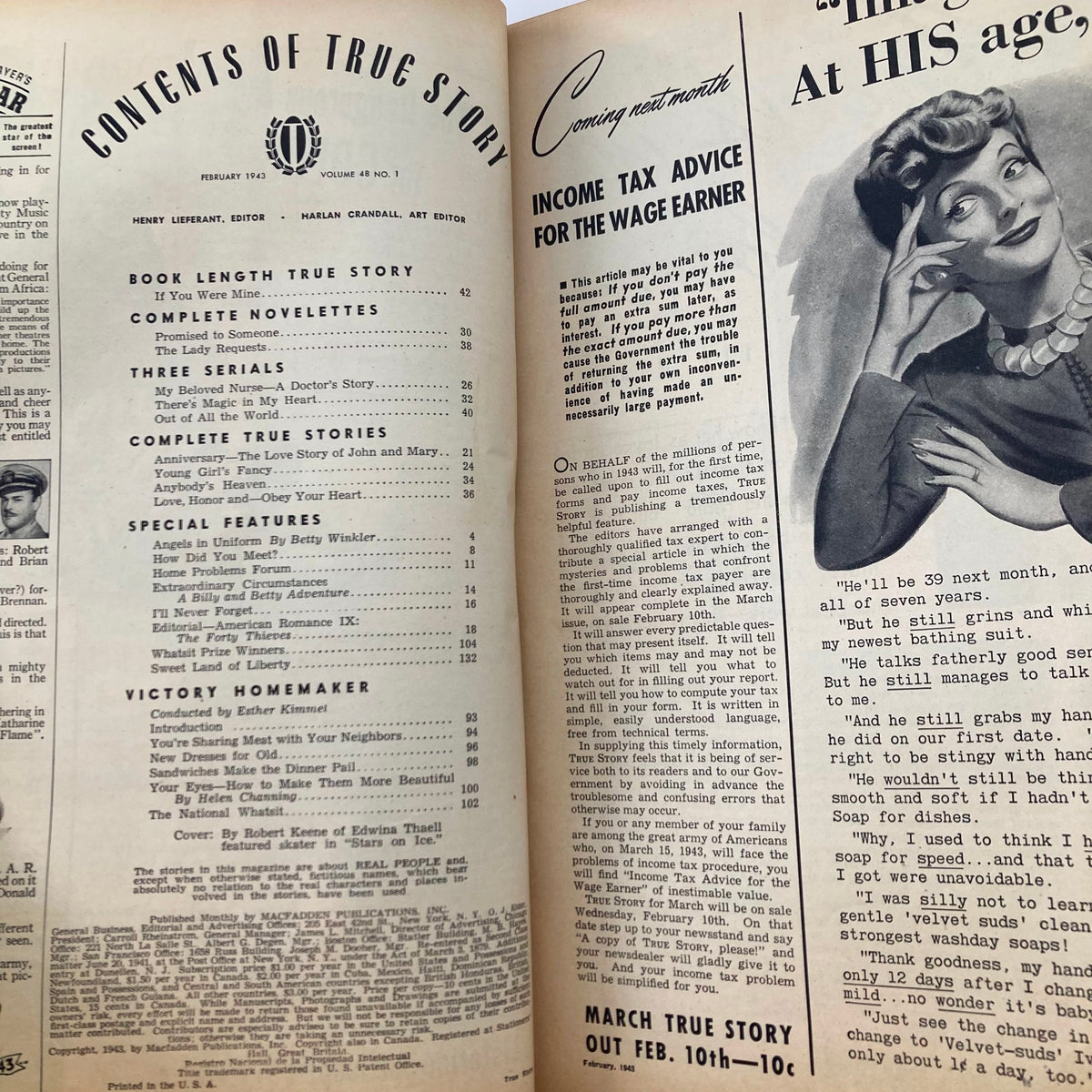 Interior page of True Story Magazine February 1943, Volume 48 No. 1 showing the table of contents with articles including 'My Beloved Nurse' and various true stories.