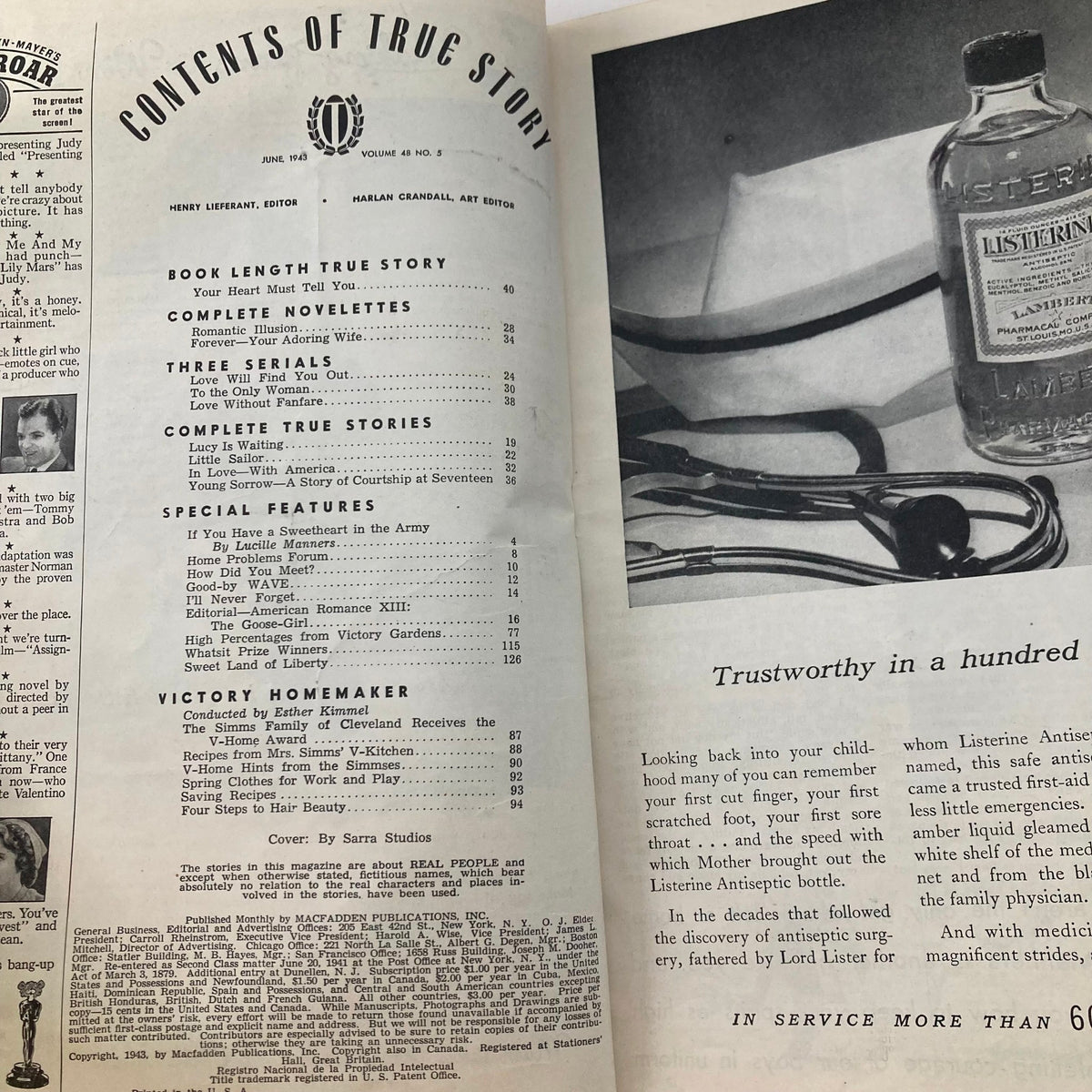 Contents page of VTG True Story Magazine June 1943 Vol 48 No. 5, listing stories and features including 'In Love with America'.