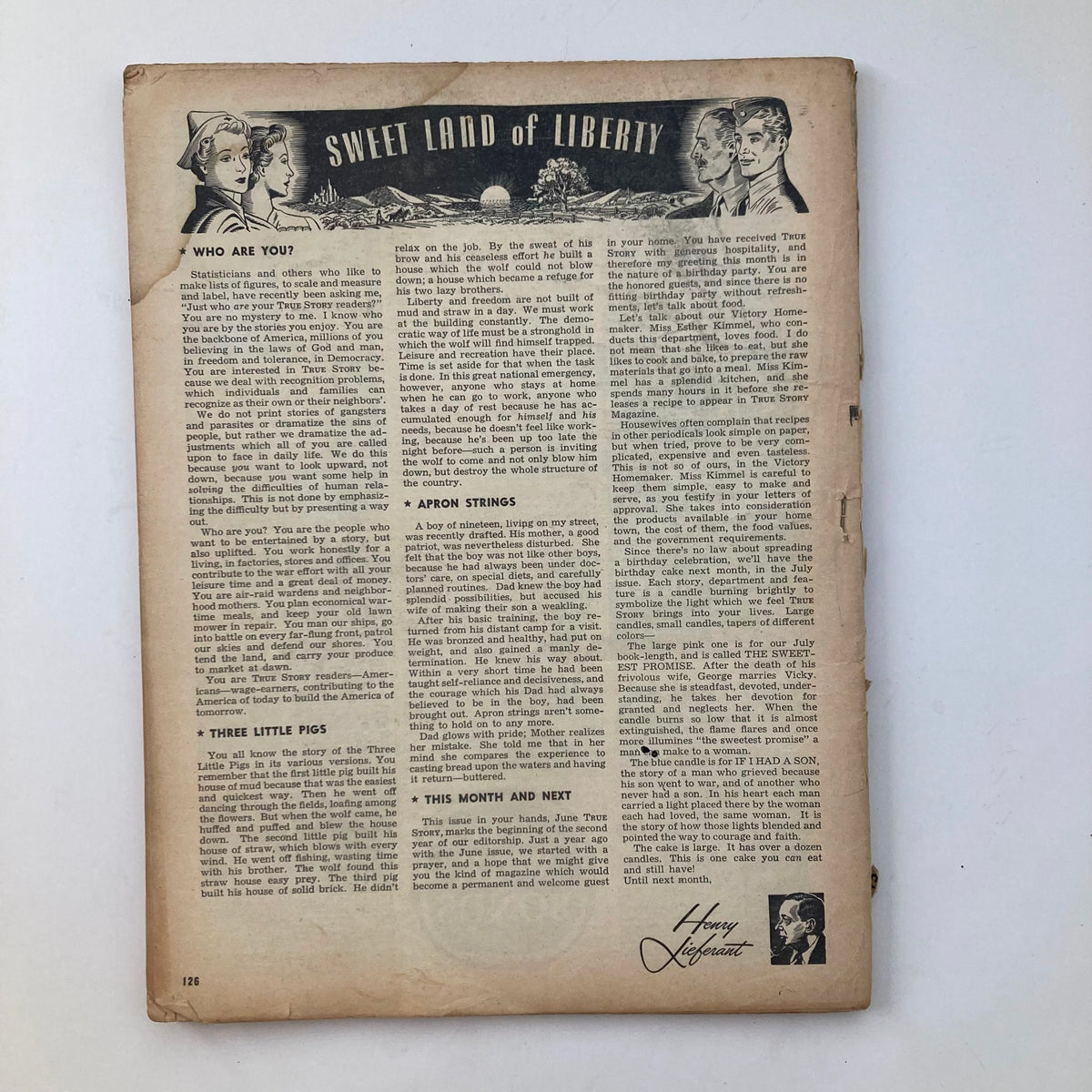 Back cover of VTG True Story Magazine June 1943 Vol 48 No. 5 with articles titled 'Sweet Land of Liberty' and 'Three Little Pigs'.