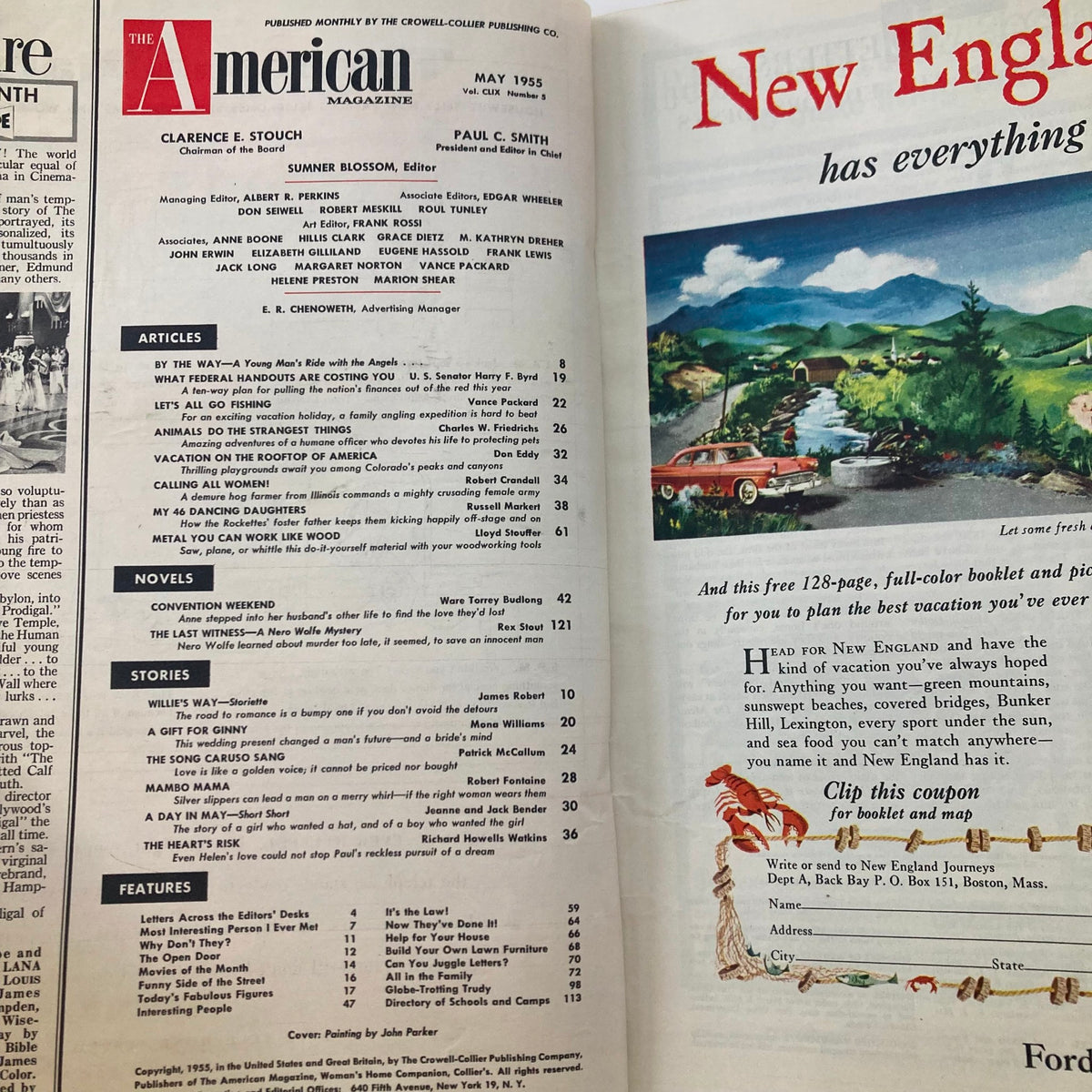 Inside page of VTG The American Magazine May 1955, Vol 159, No. 8 showcasing an article list and advertisements, capturing mid-century American culture.