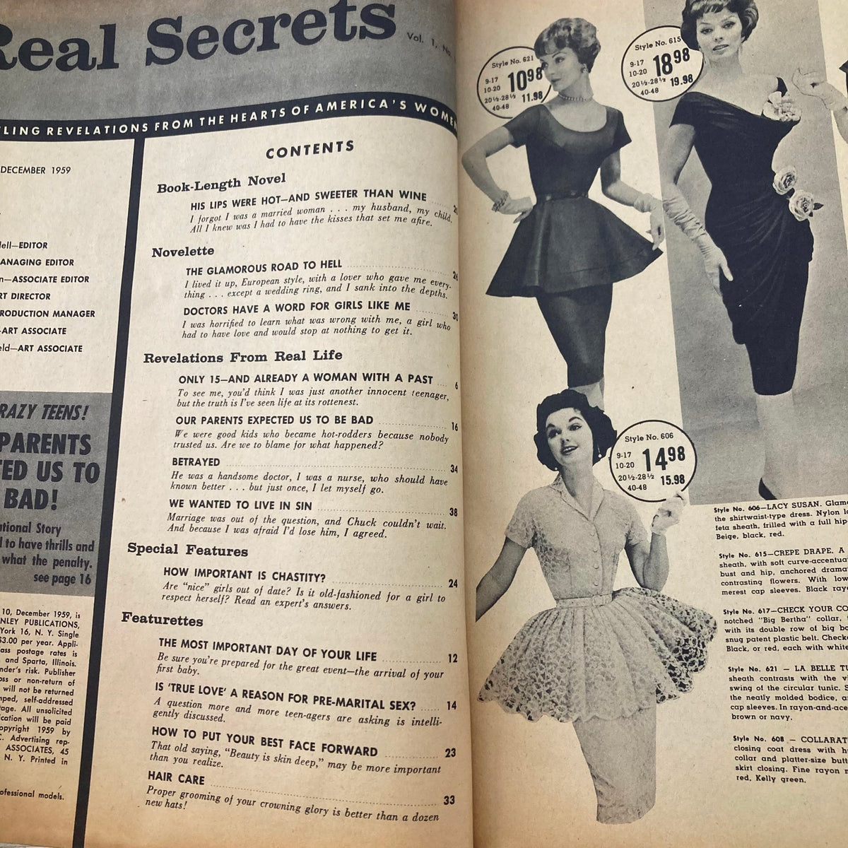 Interior page of VTG Real Secrets Magazine December 1959, displaying contents and articles related to social commentary and women's perspectives from that era.