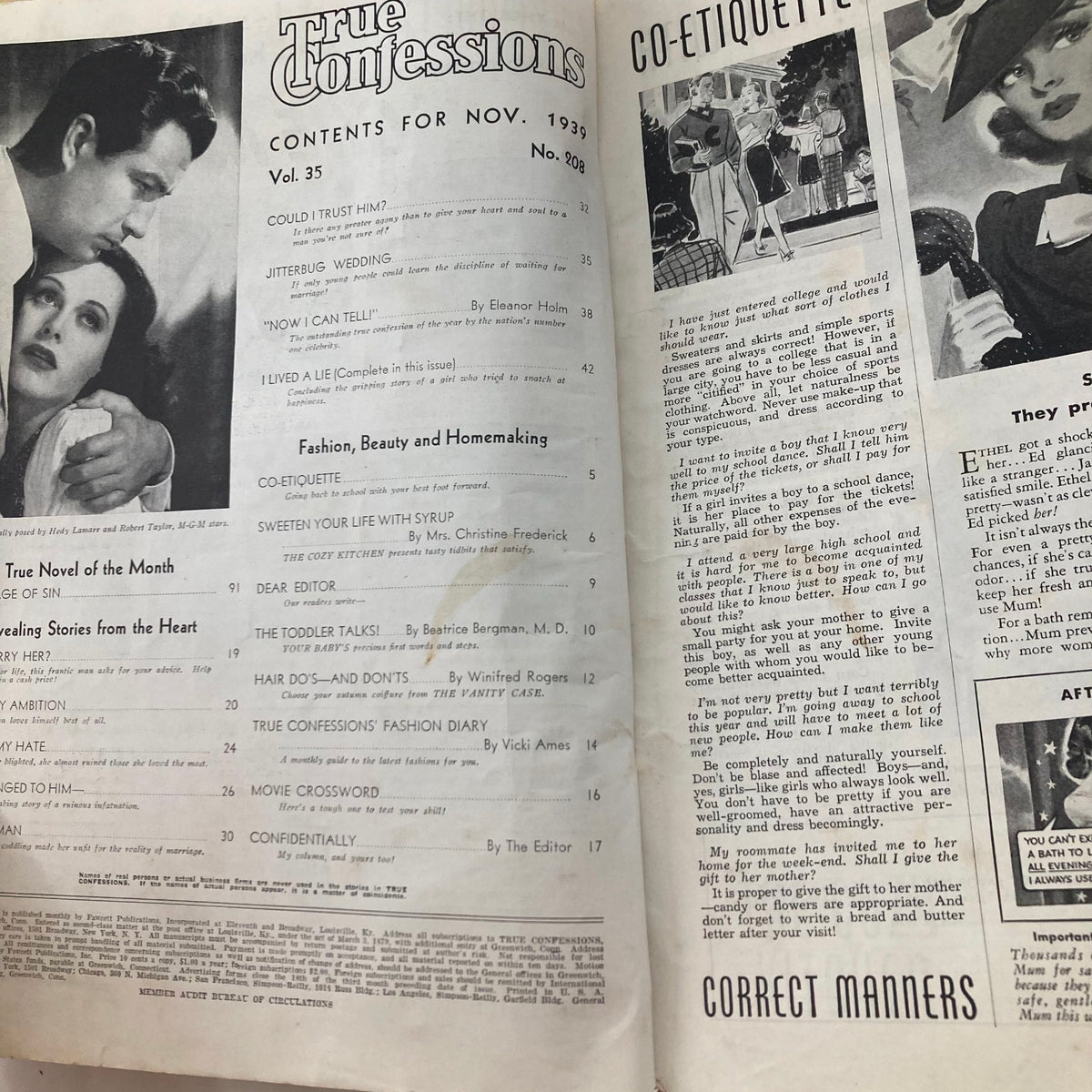 Table of Contents page of the Vintage True Confessions Magazine November 1939, detailing featured articles and a section on Co-Etiquette.
