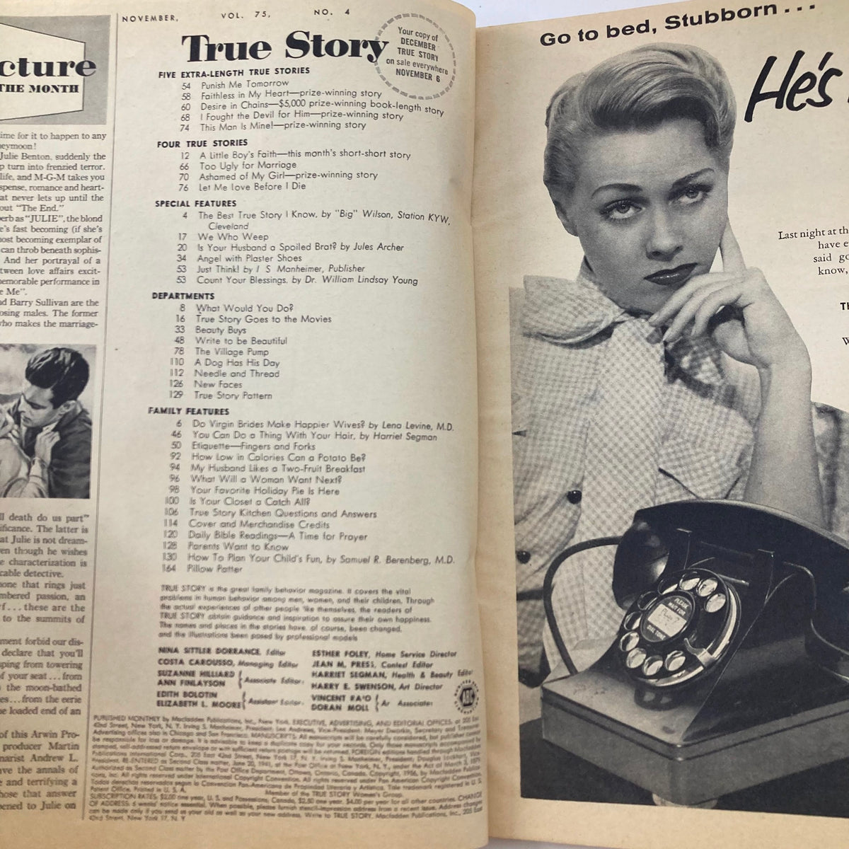 Inside page of the True Story Magazine from November 1956, Vol 75 No. 4 showing the table of contents and features, including the notable story 'I Fought The Devil For Him'.