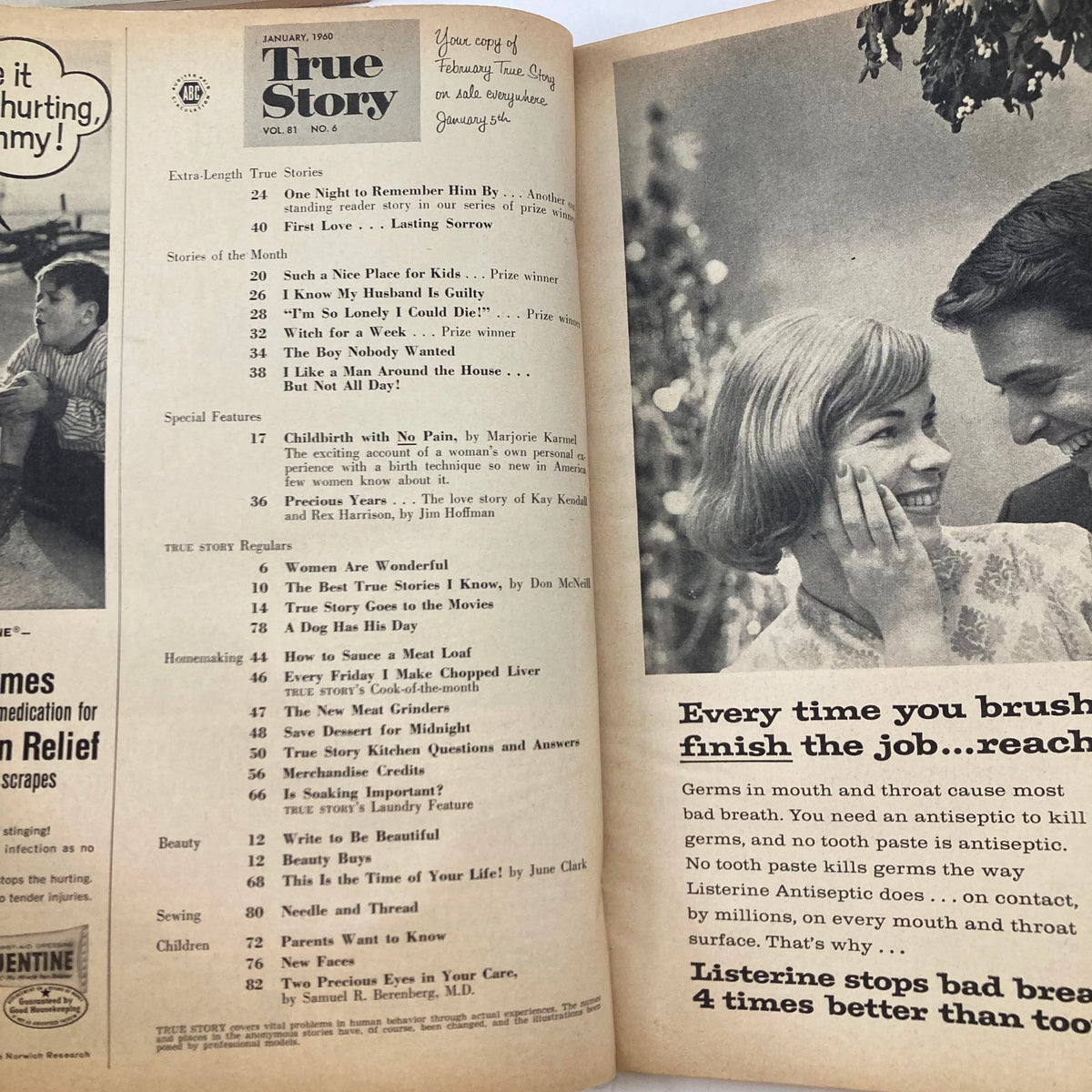 Interior page of VTG True Story Magazine January 1960 Vol 81 No. 6, displaying the table of contents with a feature on 'Childbirth with No Pain' and various articles reflecting societal views from the era.