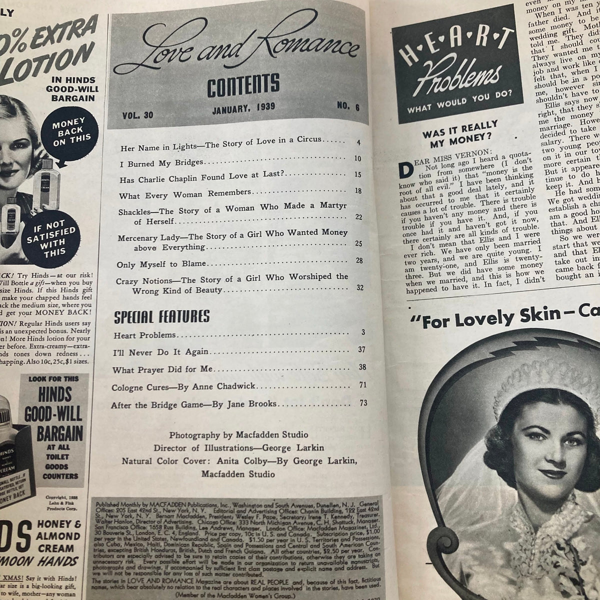 Interior page of VTG Love and Romance Magazine January 1939 displaying the contents section, listing stories and features including 'Her Name in Lights'.