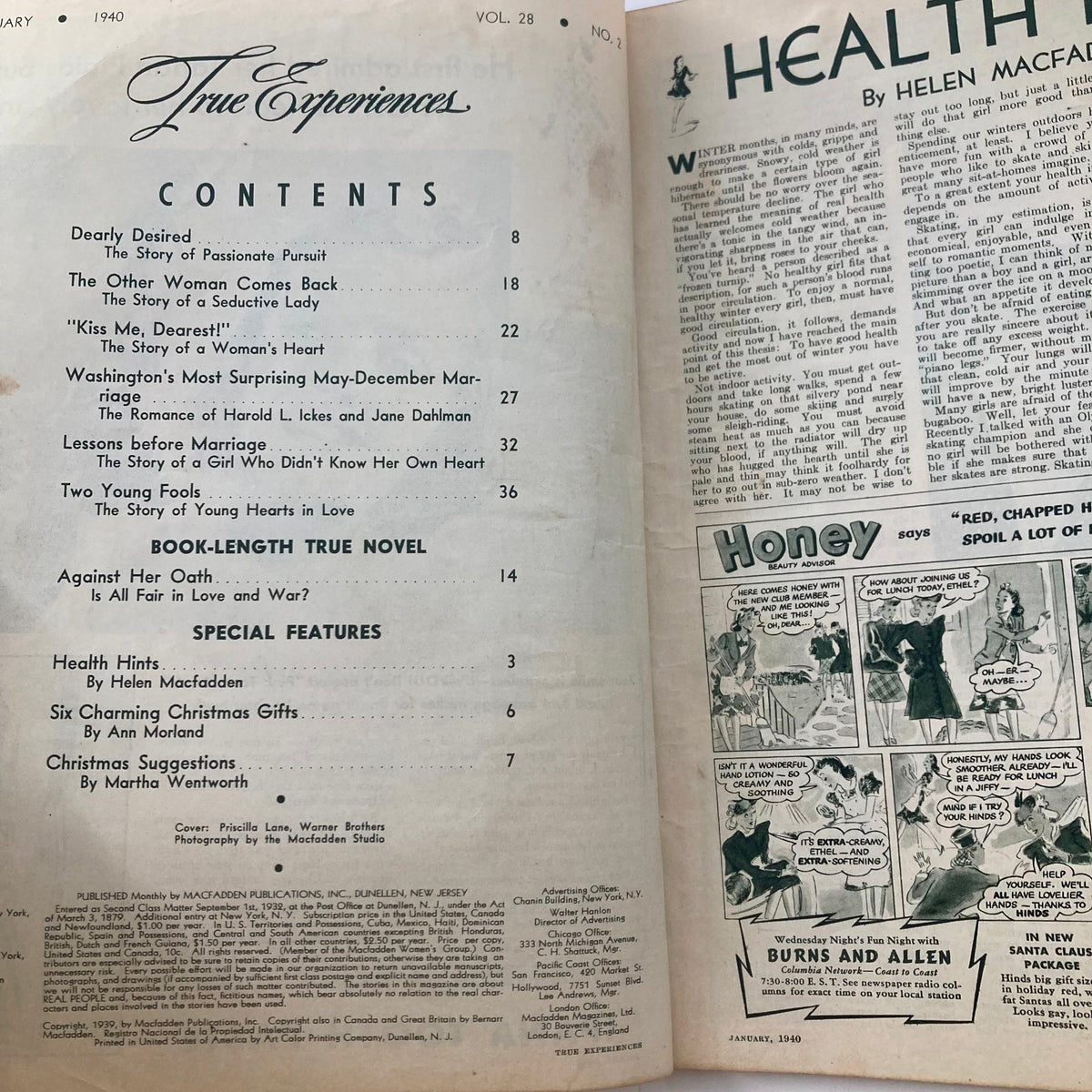 Inside pages of VTG True Experiences Magazine January 1940 Vol 28 #2 displaying the contents section and articles, including the story 'Against Her Oath'.