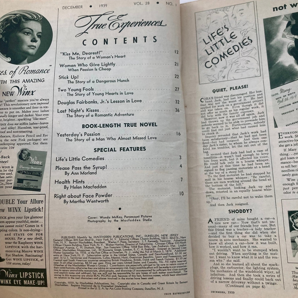 Interior page of VTG True Experiences Magazine December 1939, displaying the table of contents. Highlights include segments like 'Yesterday's Passion' and features on romance and health hints.