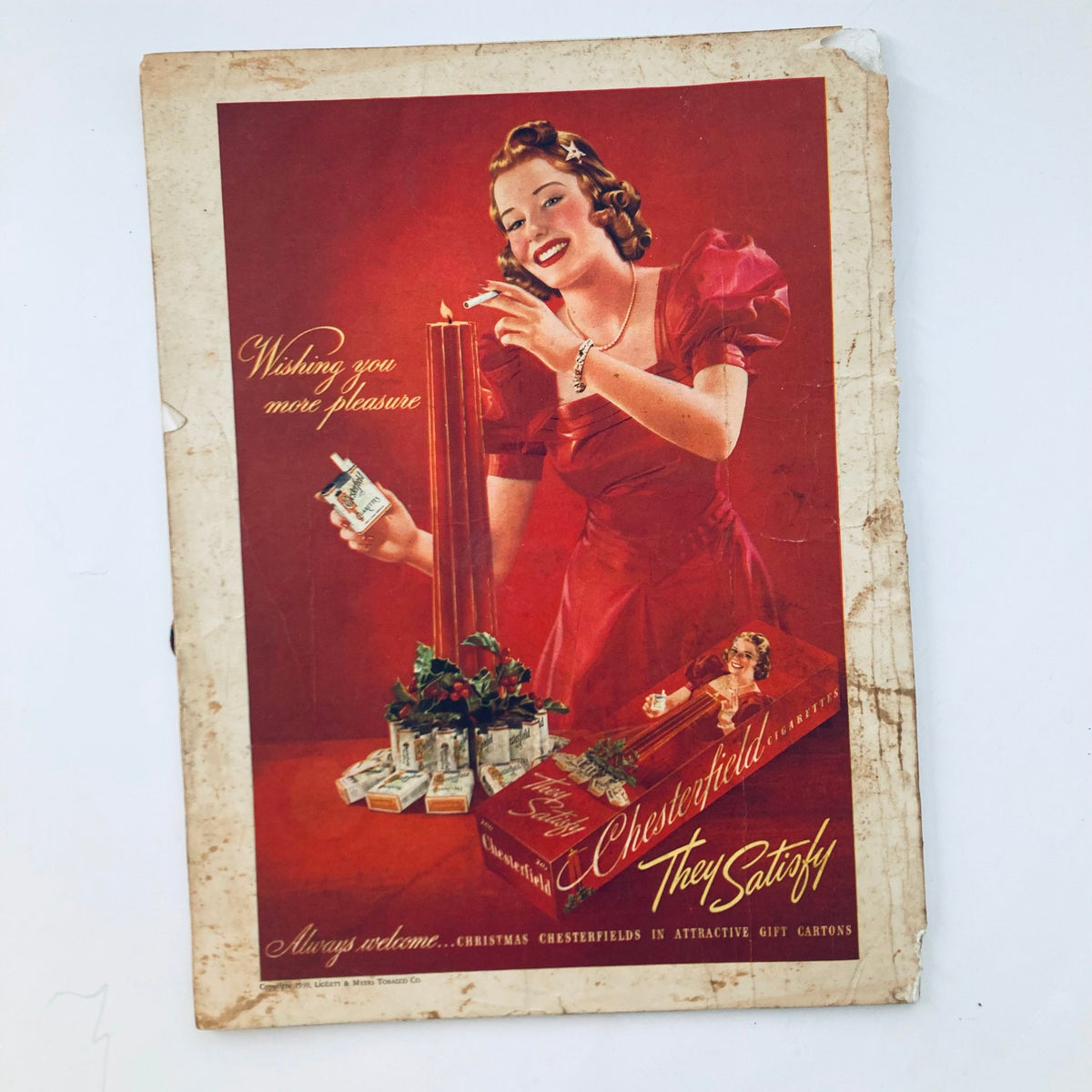 Cover of VTG True Experiences Magazine December 1939, titled 'Yesterday's Passion', featuring a woman in a red dress holding a cigarette and a gift, surrounded by candles and gift boxes.