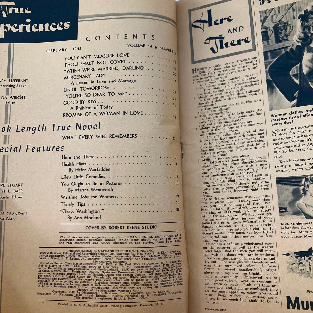 Interior page of VTG True Experiences Magazine February 1943, showcasing the table of contents for Volume 34, Issue #3, including article titles and features.