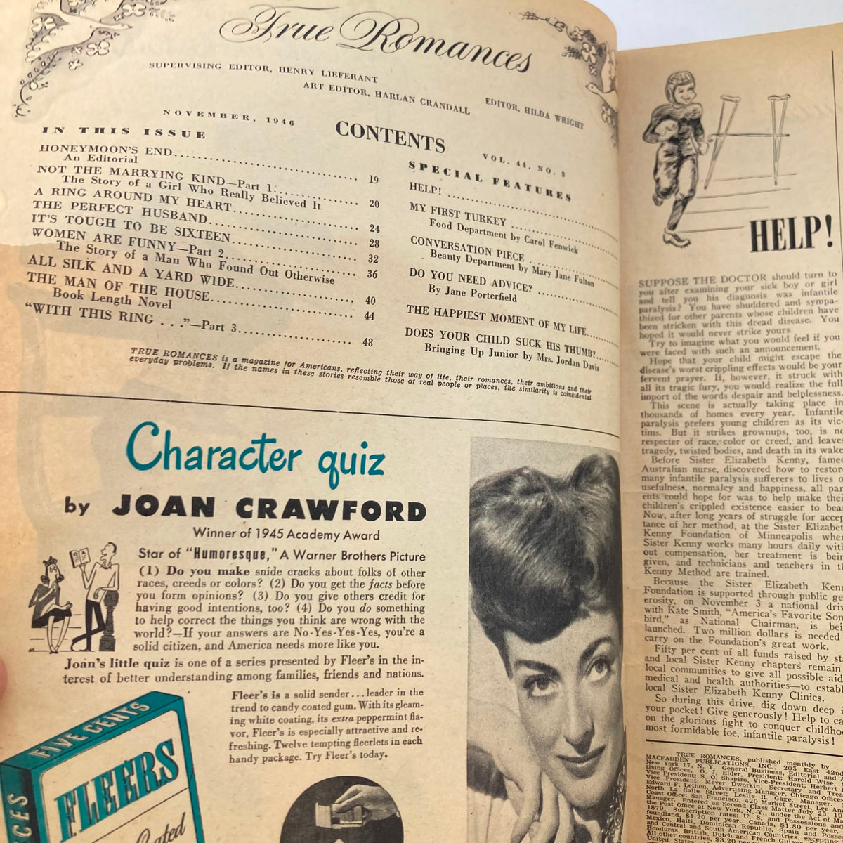 Interior page of VTG True Romances Magazine November 1946 Vol 44 #3 featuring the contents list and a character quiz by Joan Crawford, showcasing vintage magazine design and articles.