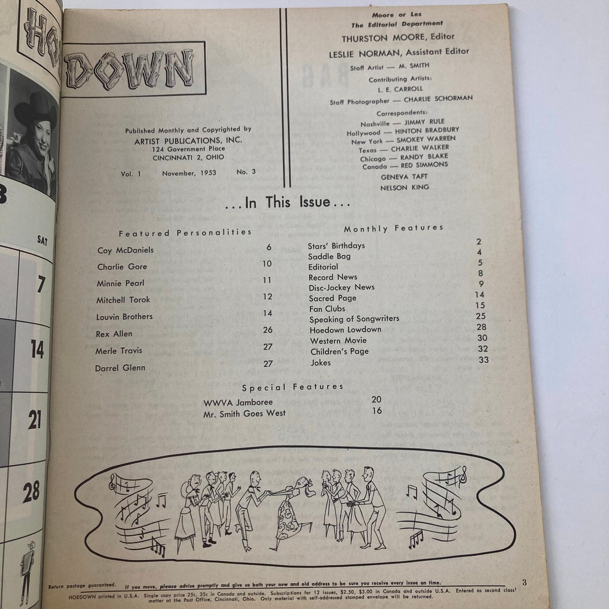 Inside page of VTG Hoedown Magazine November 1953 Vol 1 No. 3, detailing featured personalities like Rex Allen along with content listings and cultural references from the era.