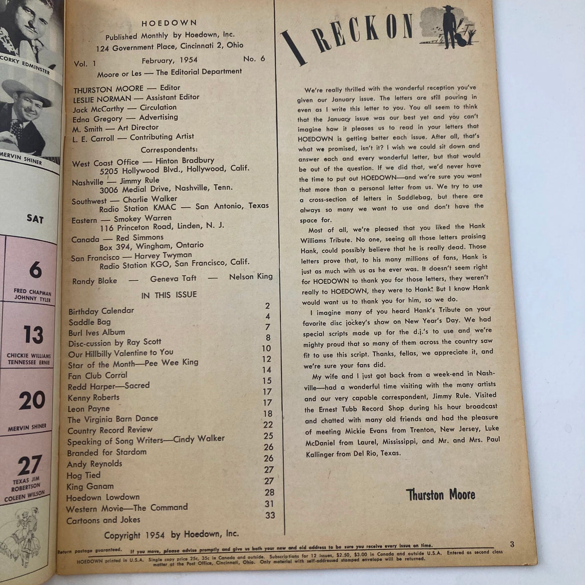 Inside page of VTG Hoedown Magazine February 1954 Vol 1 No. 6 displaying a table of contents and editorial notes, highlighting articles relevant to country music and culture.